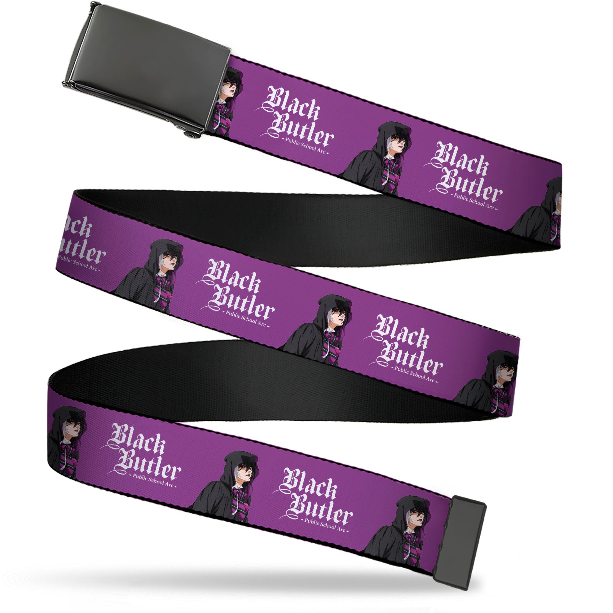 Web Belt Blank Black Buckle - BLACK BUTLER Violet Gregory Pose and Title Logo Purple Webbing Web Belts Black Butler