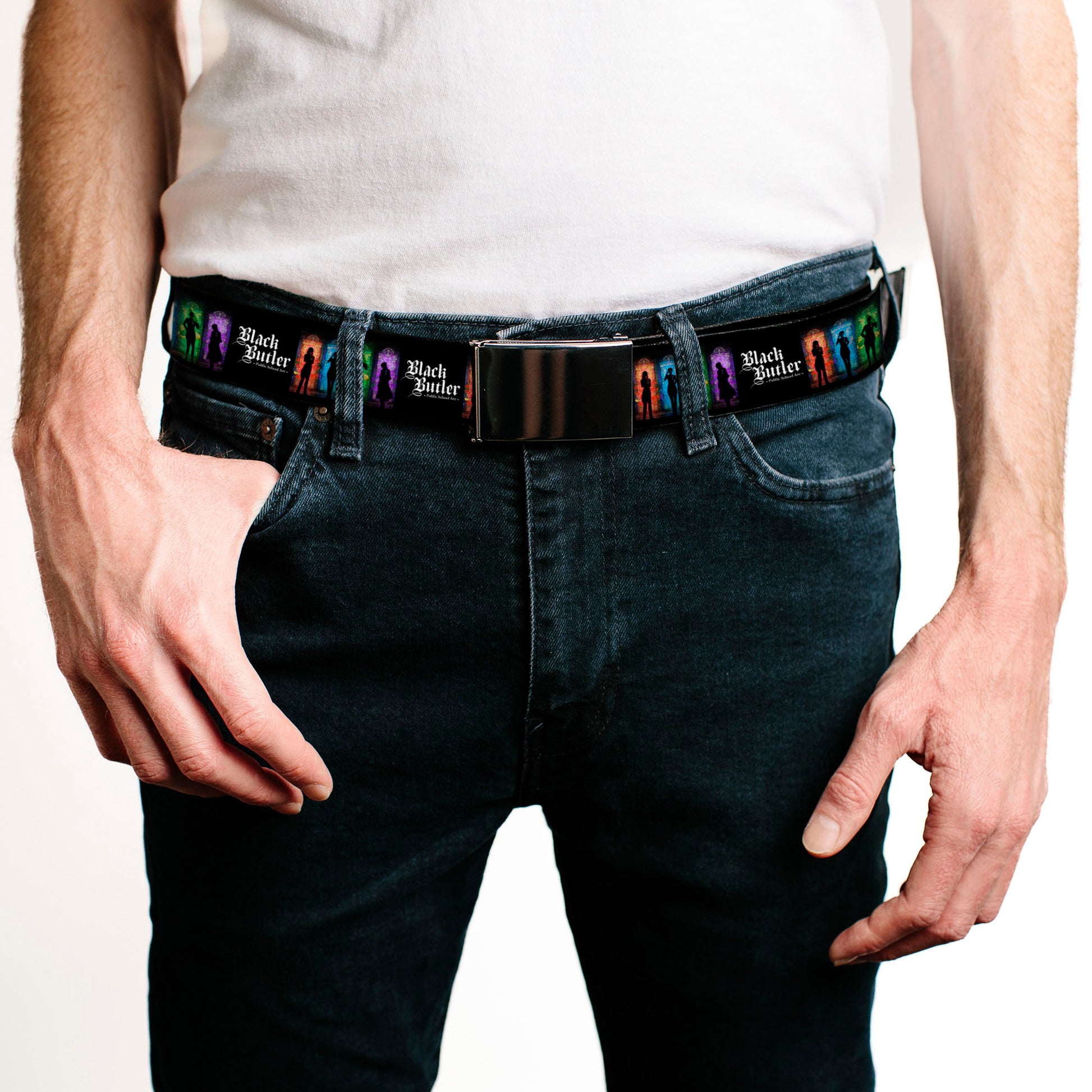 Web Belt Blank Black Buckle - BLACK BUTLER House Heads Silhouettes and Title Logo Black/Multi Color Webbing Web Belts Black Butler