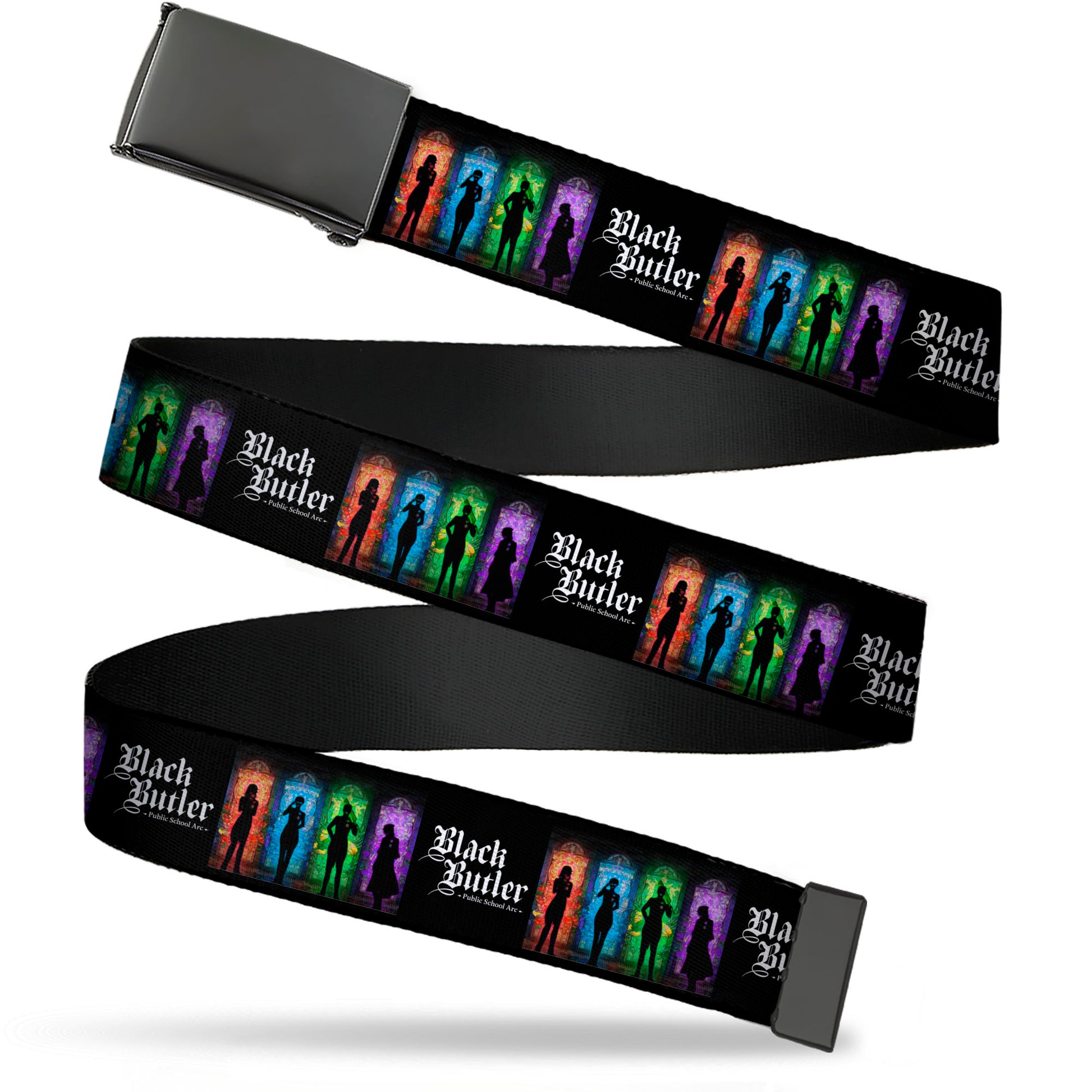 Web Belt Blank Black Buckle - BLACK BUTLER House Heads Silhouettes and Title Logo Black/Multi Color Webbing Web Belts Black Butler