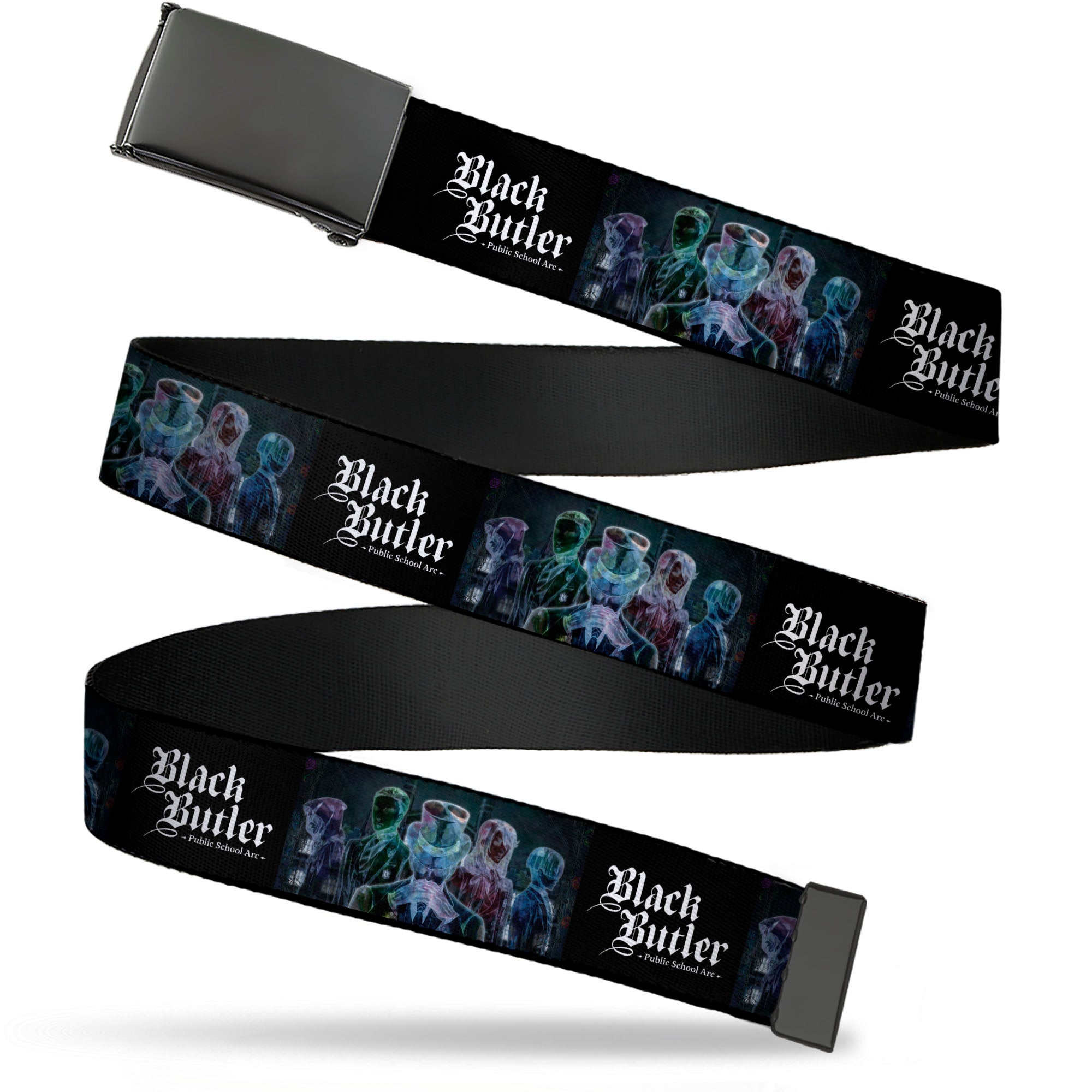Web Belt Blank Black Buckle - BLACK BUTLER Five Character Group Pose and Title Logo Black Webbing Web Belts Black Butler