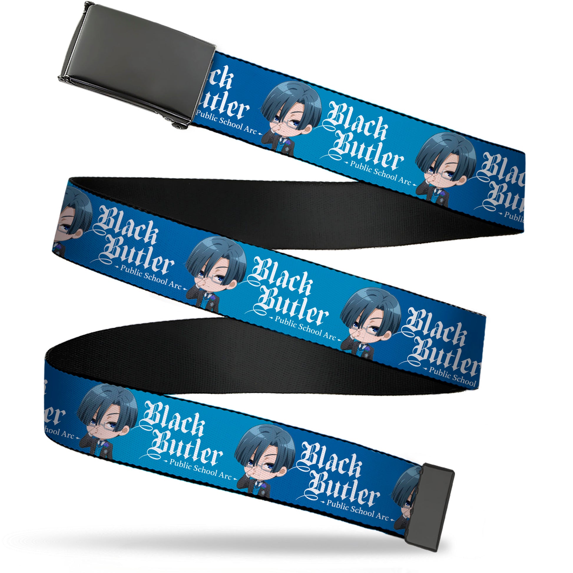 Web Belt Blank Black Buckle - BLACK BUTLER Chibi Lawrence Bluewer Pose and Title Logo Blues Webbing Web Belts Black Butler
