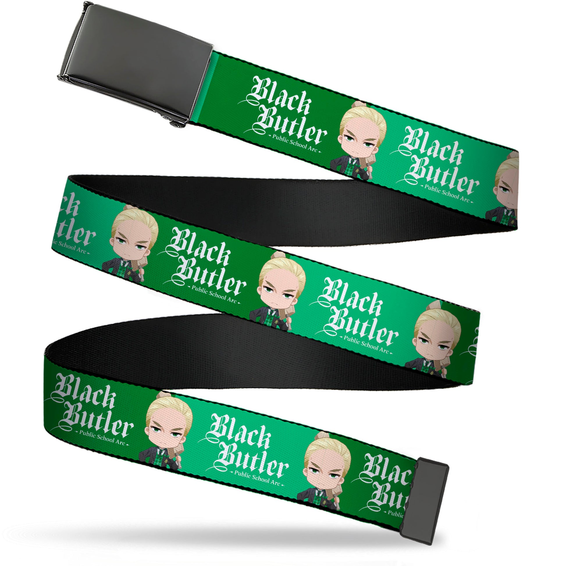 Web Belt Blank Black Buckle - BLACK BUTLER Chibi Herman Greenhill Pose and Title Logo Greens Webbing Web Belts Black Butler