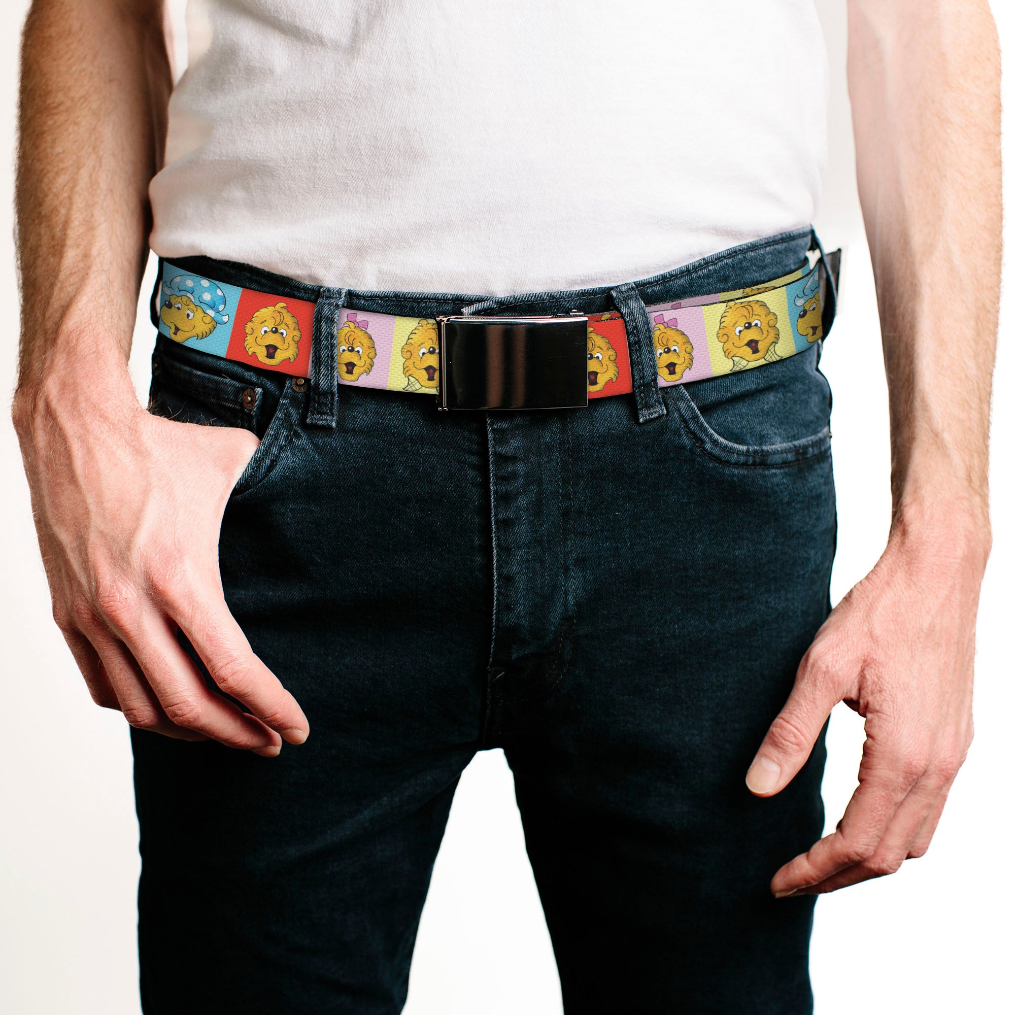 Web Belt Blank Black Buckle - The Berenstain Bears Smiling Face Blocks Multi Color Webbing