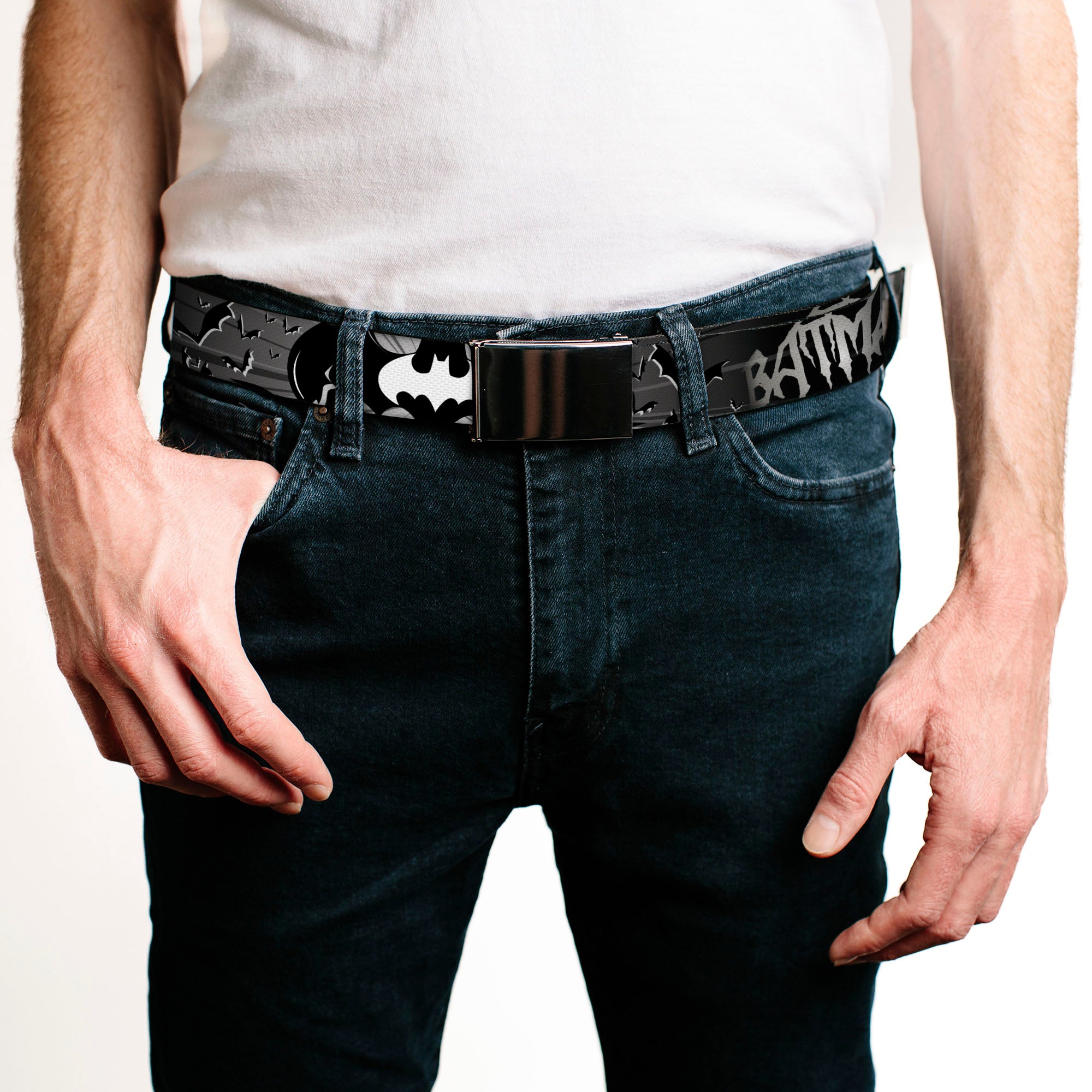 Chrome Buckle Web Belt - BATMAN w/Bat Signals & Flying Bats Black/White Webbing Web Belts DC Comics