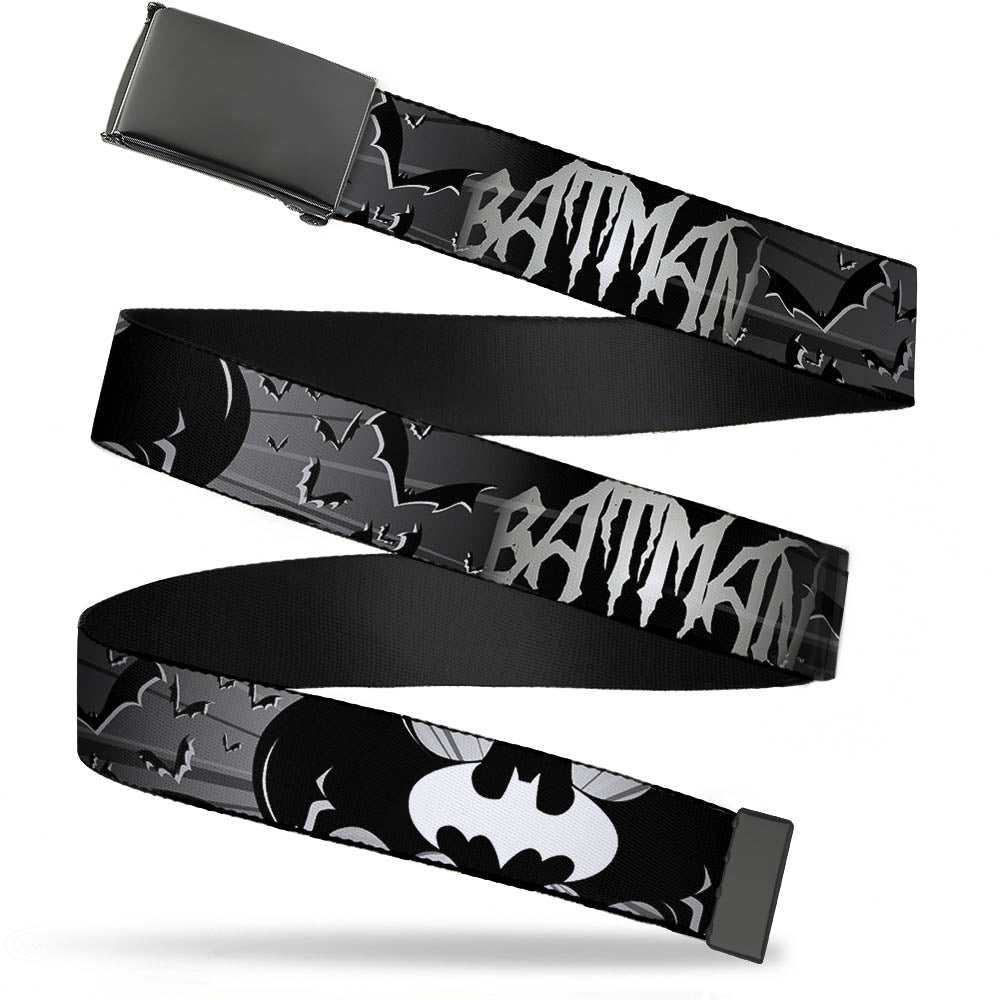 Chrome Buckle Web Belt - BATMAN w/Bat Signals & Flying Bats Black/White Webbing Web Belts DC Comics