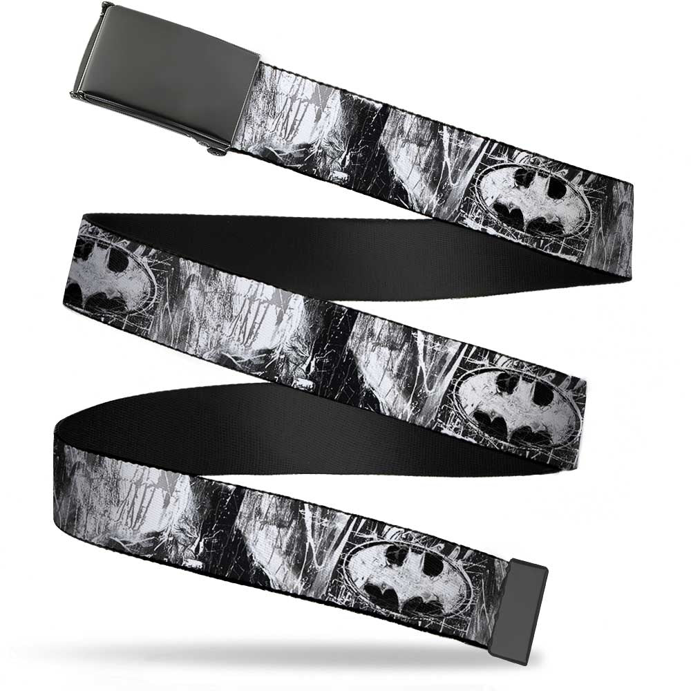 Black Buckle Web Belt - Batman Face/Bat Shield Sketch White/Black Webbing Web Belts DC Comics   