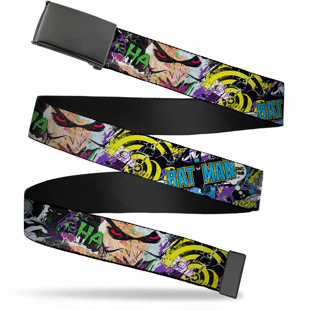 Black Buckle Web Belt - BATMAN/Joker Face CLOSE-UP Gotham City Graffiti Collage Webbing Web Belts DC Comics   