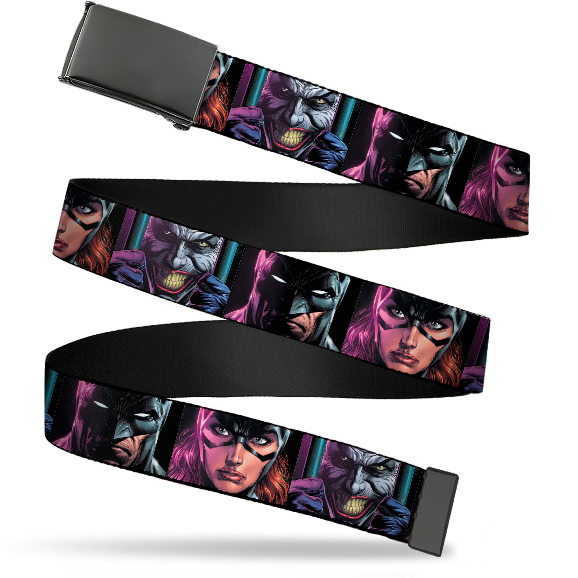 Web Belt Blank Black Buckle - Batman Batgirl and Joker Comic Book Cover Face Close-Ups Black Webbing Web Belts DC Comics   