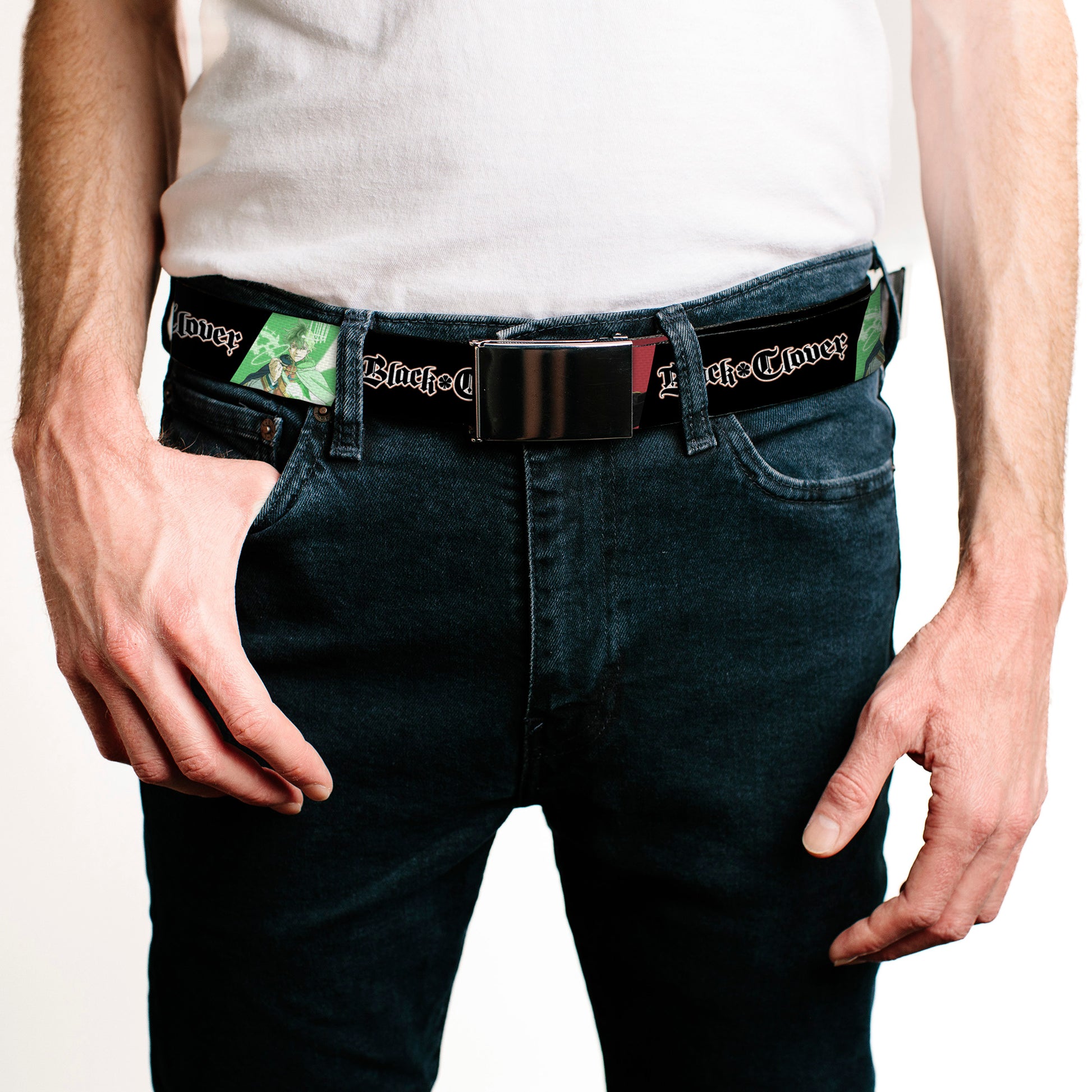 Web Belt Clamp Buckle - BLACK CLOVER Asta and Yuno Pose Blocks with Title Logo Black Webbing Web Belts Black Clover