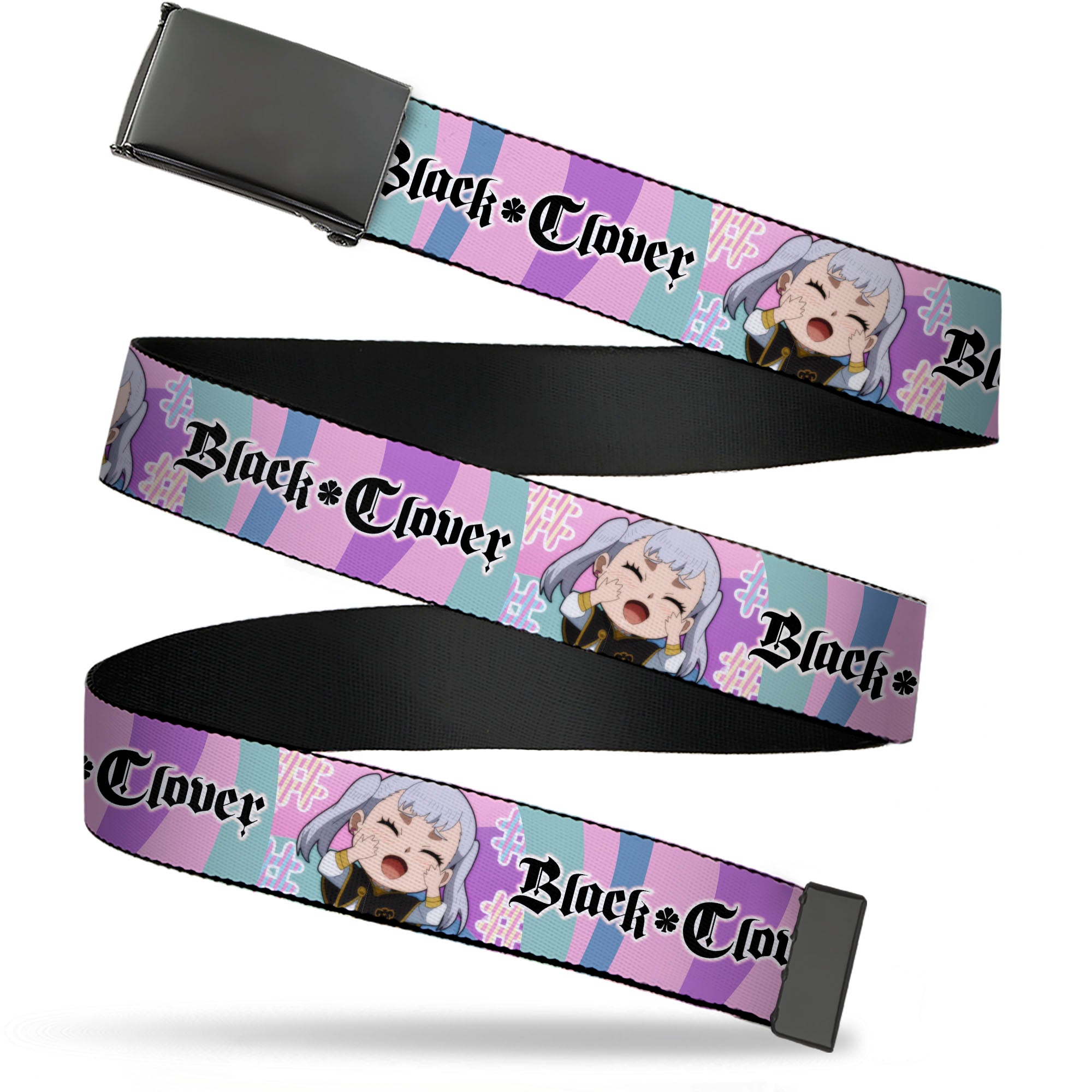 Web Belt Blank Black Buckle - BLACK CLOVER Chibi Noelle Hash Tag Pose and Title Logo Multi Color Webbing Web Belts Black Clover