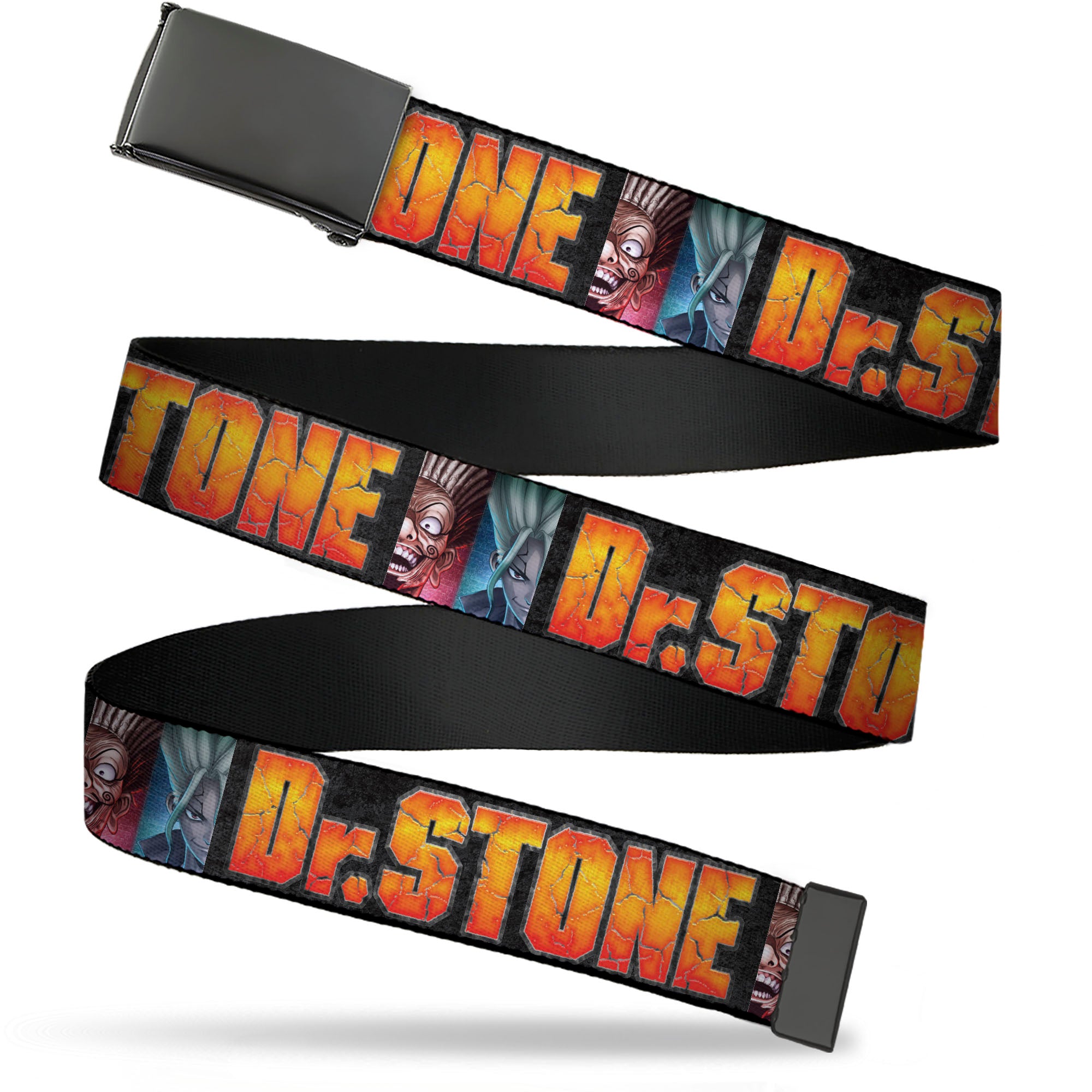 Web Belt Blank Black Buckle - DR. STONE Title Logo and Ibarra Senku Split Pose Black Webbing Web Belts Dr. Stone