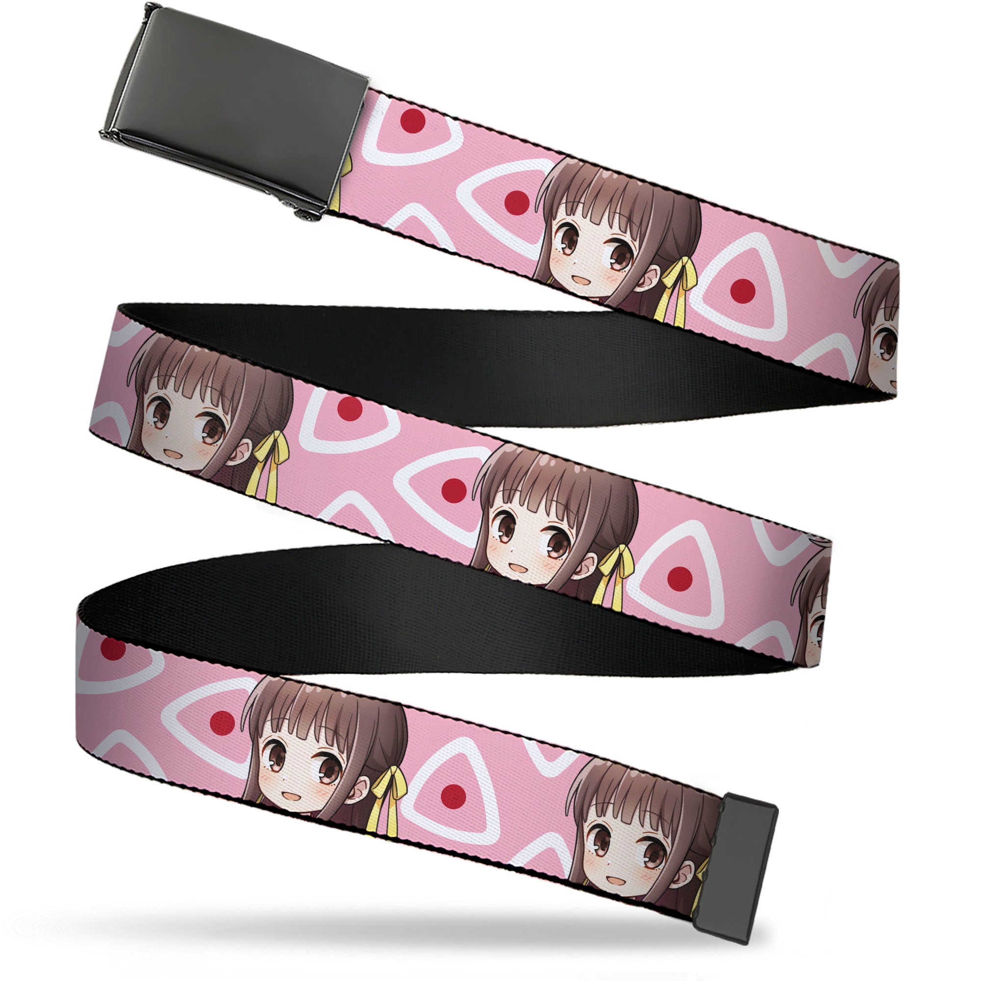 Web Belt Blank Black Buckle - Fruits Basket Chibi Tohru Honda Face and Kimono Rice Ball Icon Pink/White/Red Webbing Web Belts Fruits Basket