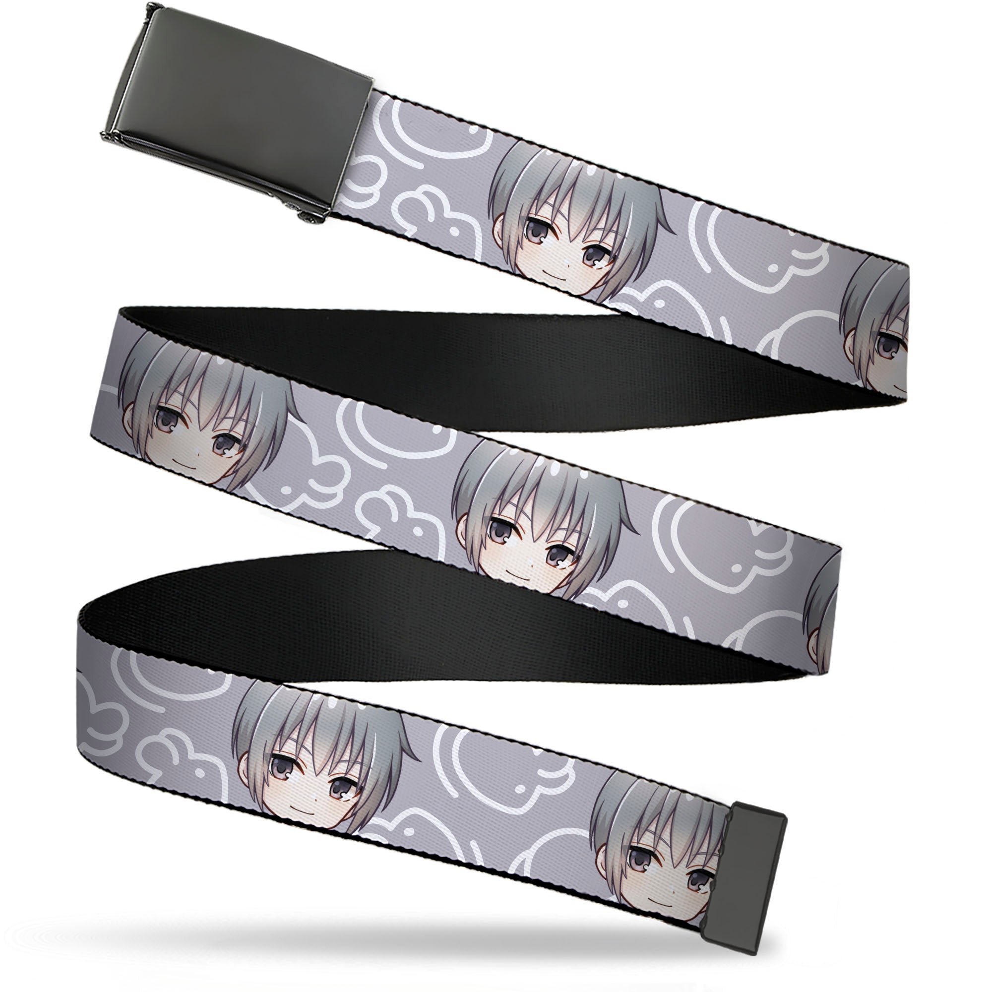 Web Belt Blank Black Buckle - Fruits Basket Chibi Yuki Soma Face and Kimono Rat Icon Gray/White Webbing Web Belts Fruits Basket