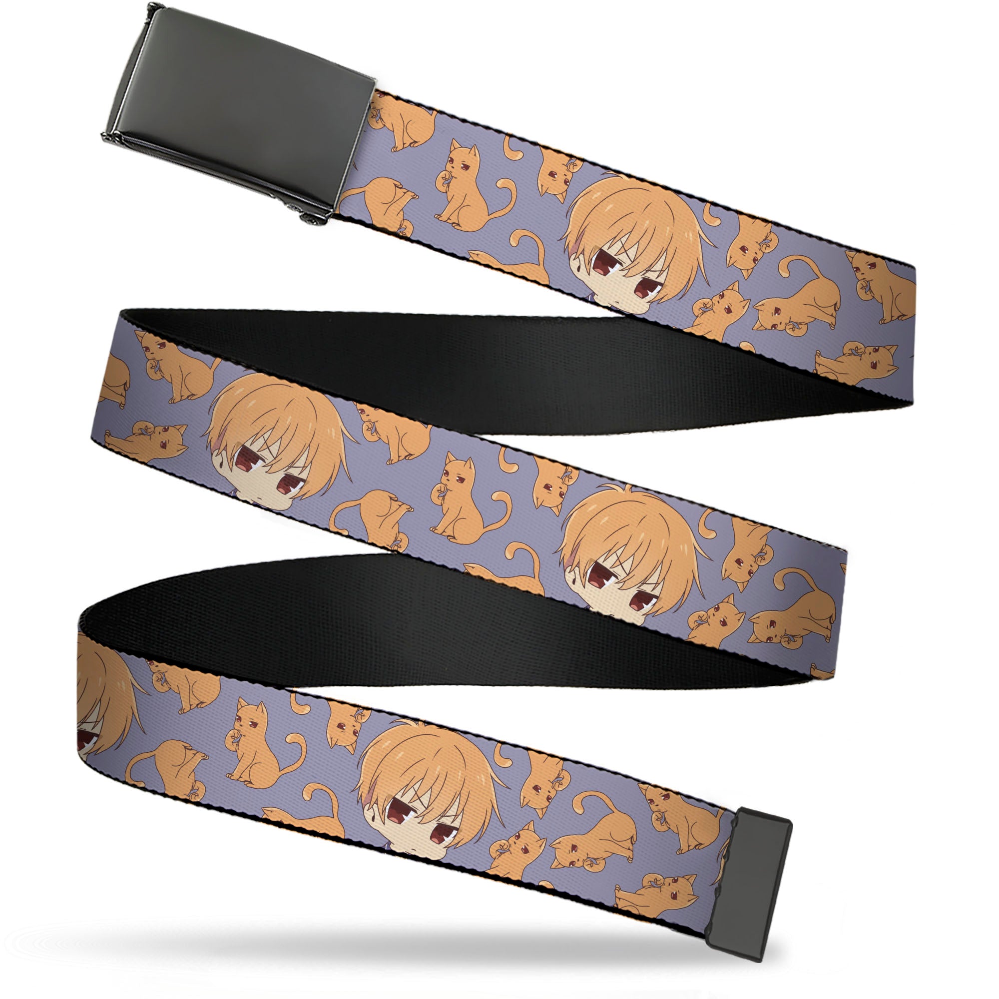 Web Belt Blank Black Buckle - Fruits Basket Chibi Kyo Soma and Cat Scattered Blue/Orange Webbing Web Belts Fruits Basket