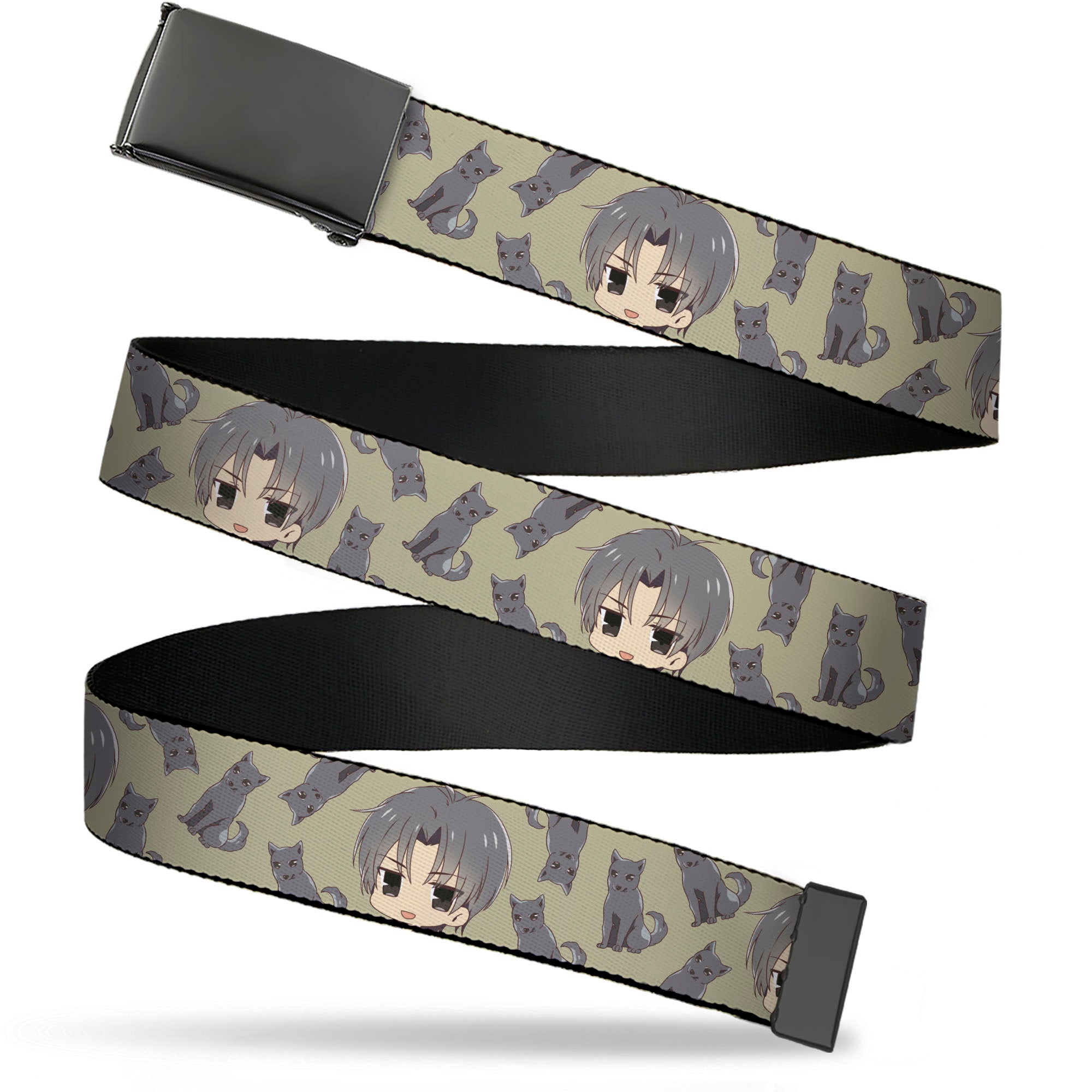 Web Belt Blank Black Buckle - Fruits Basket Chibi Shigure Soma and Dog Scattered Olive/Gray Webbing Web Belts Fruits Basket