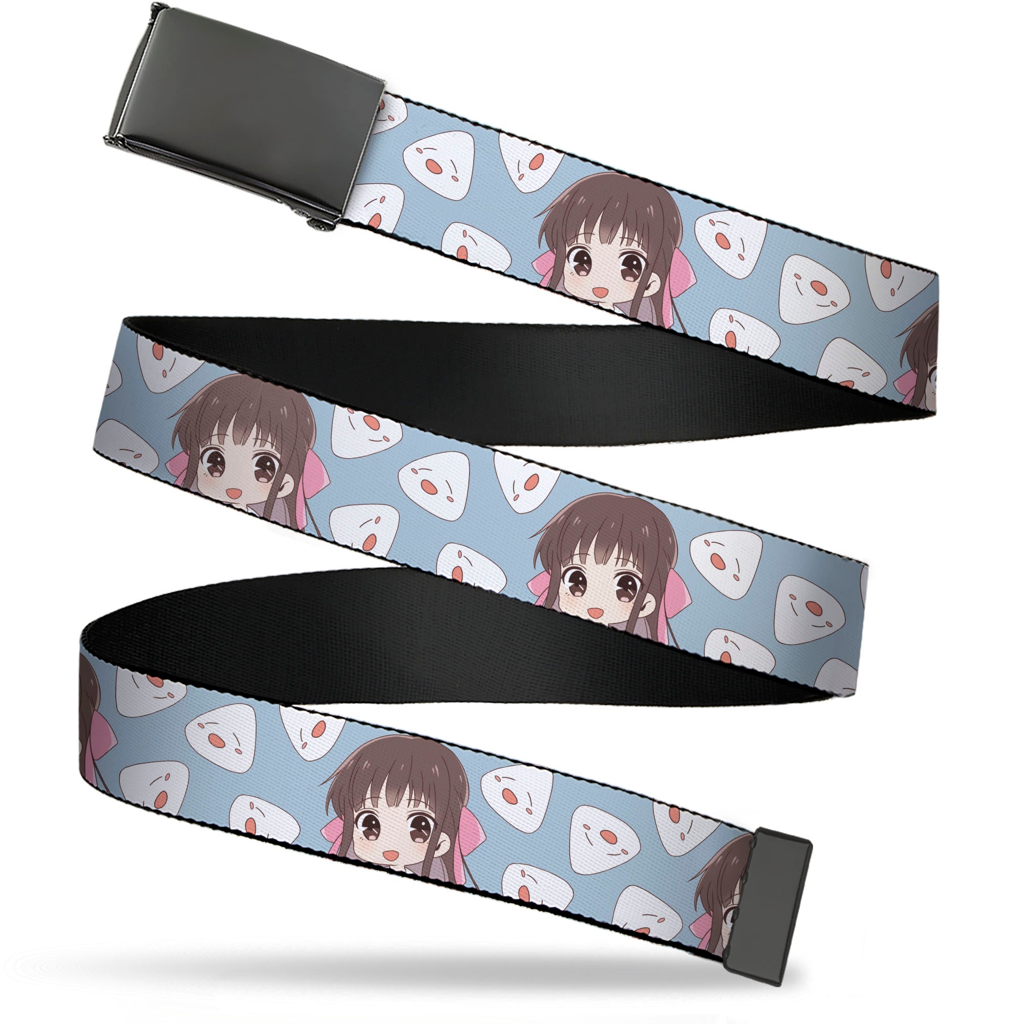 Web Belt Blank Black Buckle - Fruits Basket Chibi Tohru Honda and Rice Ball Scattered Light Blue Webbing Web Belts Fruits Basket