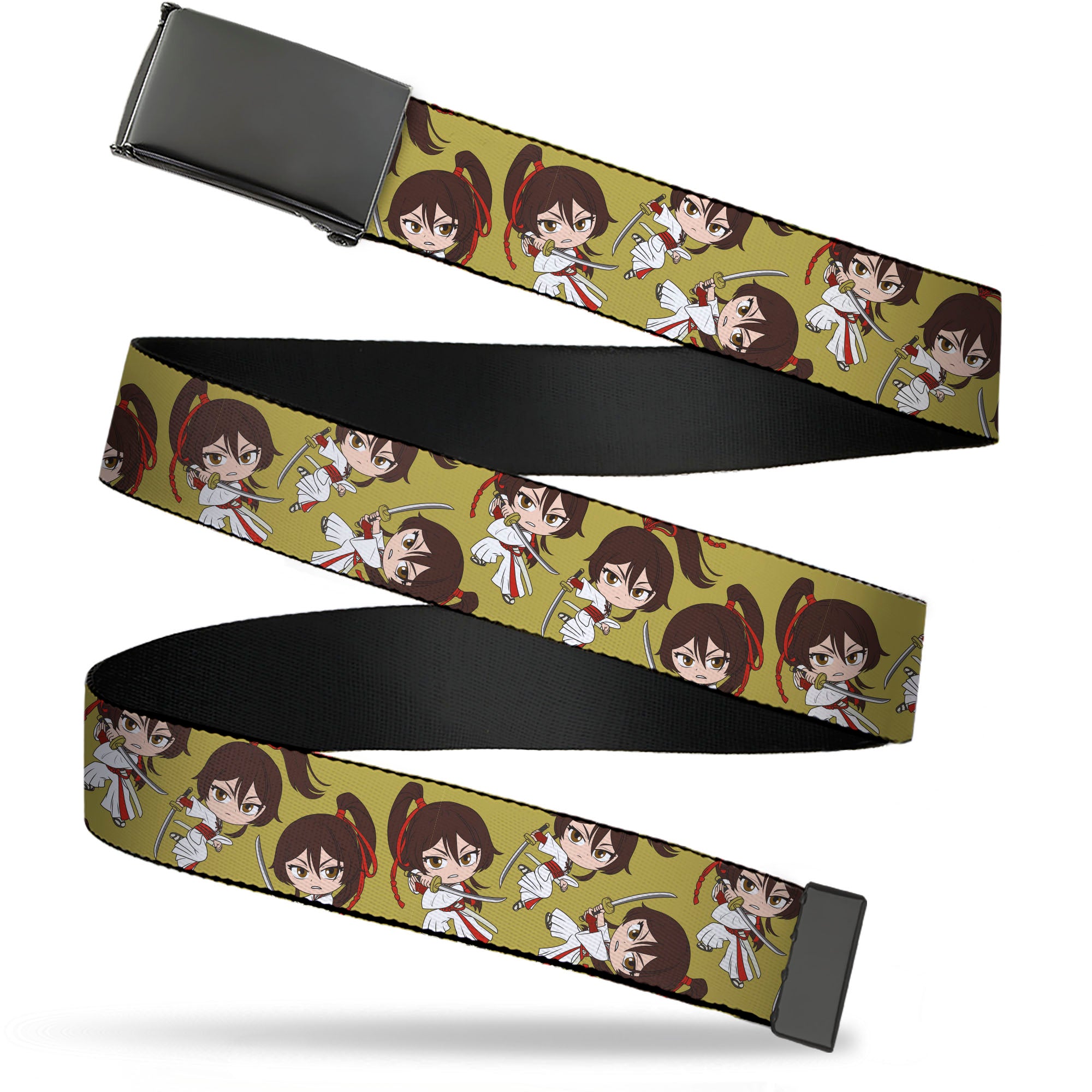 Web Belt Blank Black Buckle - Hell's Paradise Chibi Sagiri Sword Poses Scattered Golden Yellow Webbing Web Belts Hell's Paradise