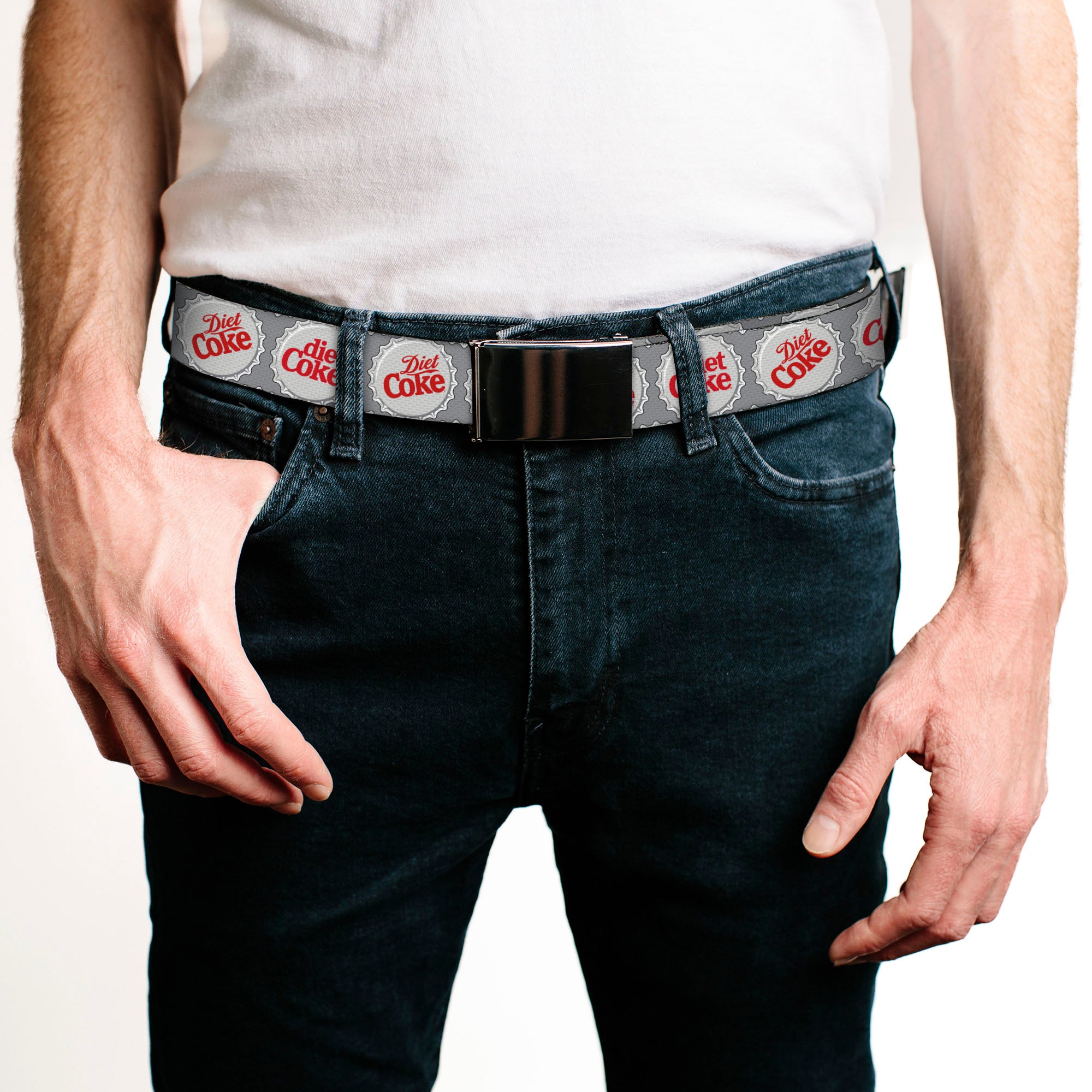 Web Belt Clamp Buckle - DIET COKE Bottle Caps Grays/White/Red Webbing Web Belts Coca-Cola