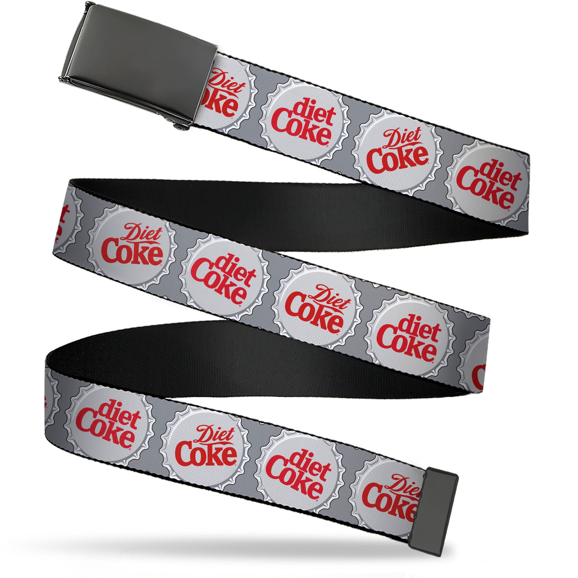 Web Belt Clamp Buckle - DIET COKE Bottle Caps Grays/White/Red Webbing Web Belts Coca-Cola