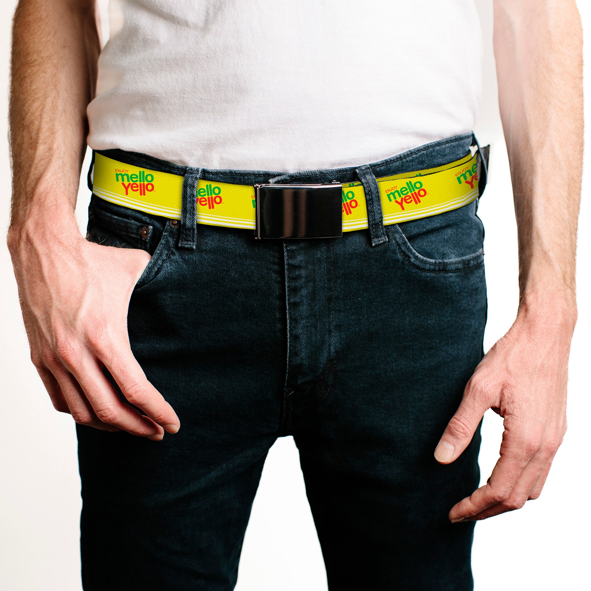 Web Belt Blank Black Buckle - ENJOY MELLO YELLO Logo Yellow/Red/Green Webbing Web Belts Coca-Cola