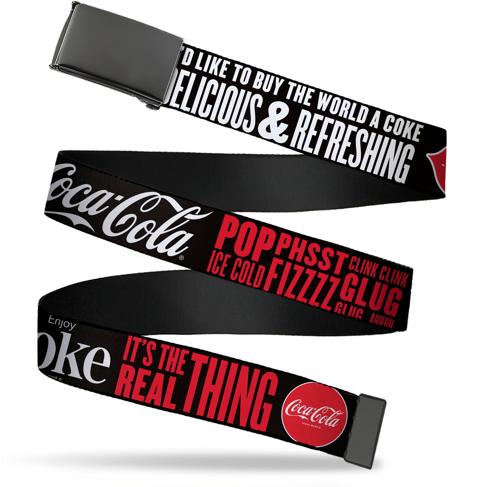Web Belt Clamp Buckle - Coca-Cola ENJOY COKE IT'S THE REAL THING Kiss Black/White/Red Webbing Web Belts Coca-Cola