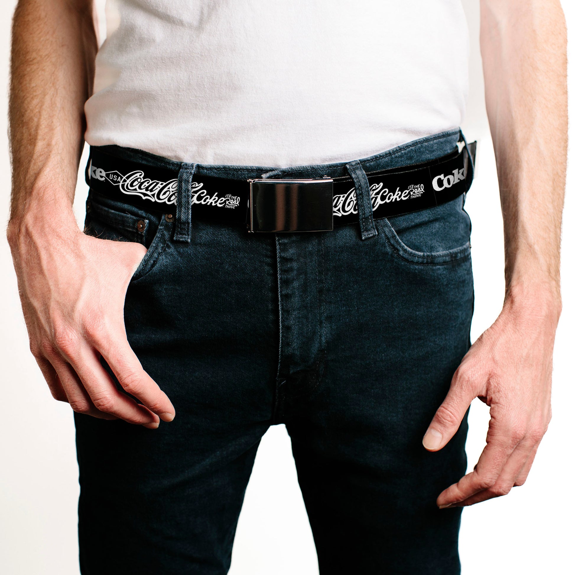 Web Belt Clamp Buckle - COCA-COLA COKE Typography IT'S THE REAL THING Black/White Webbing Web Belts Coca-Cola