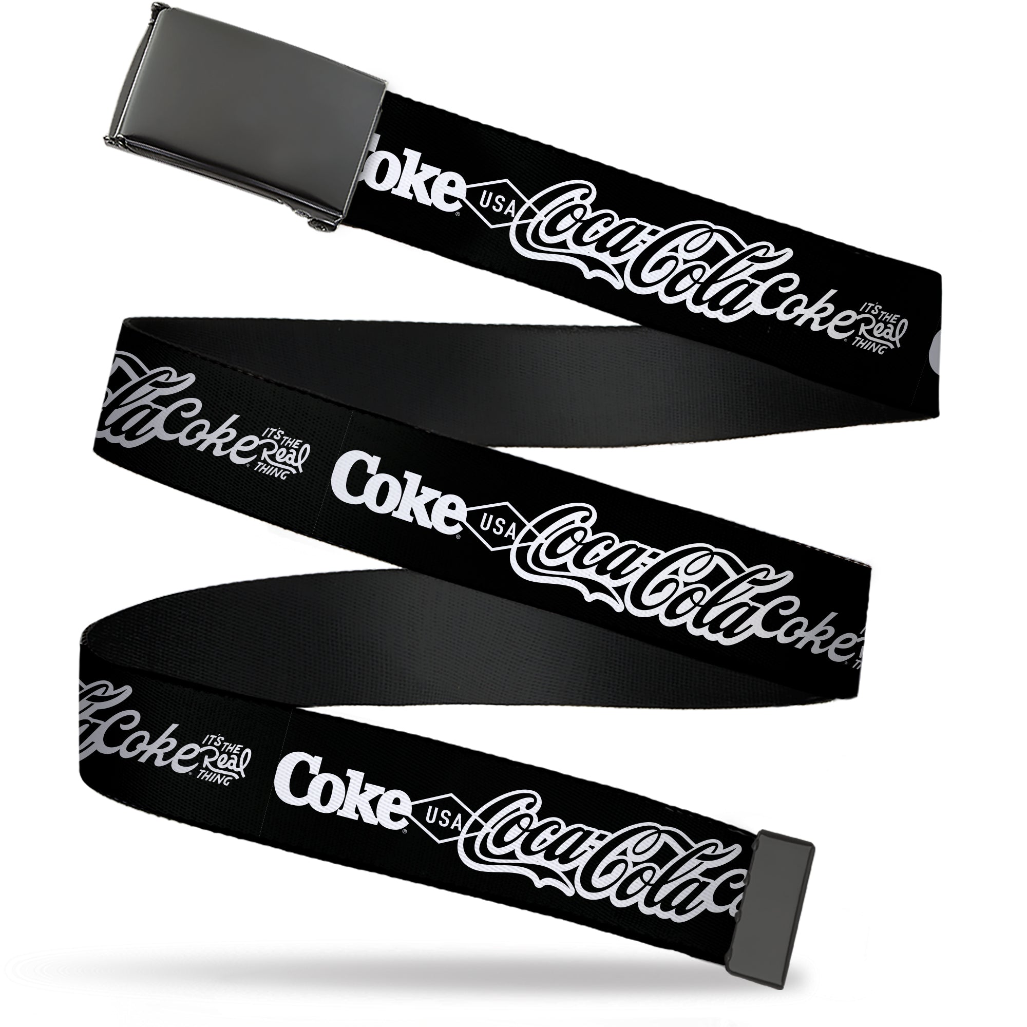 Web Belt Clamp Buckle - COCA-COLA COKE Typography IT'S THE REAL THING Black/White Webbing Web Belts Coca-Cola