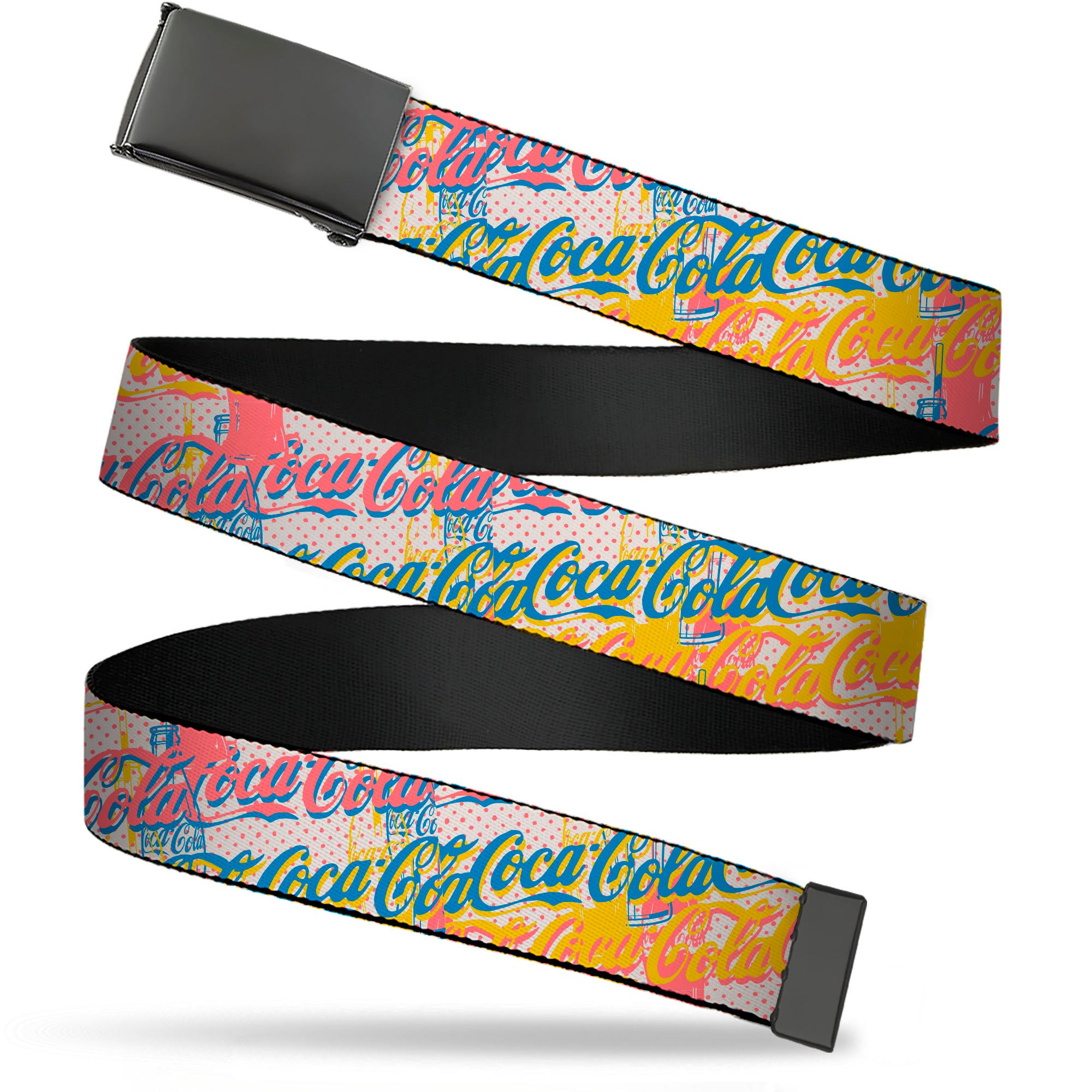Web Belt Clamp Buckle - COCA-COLA Script Logo Stacked Pop Art White/Multi Pastel Webbing Web Belts Coca-Cola