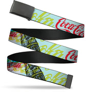 Web Belt Clamp Buckle - COCA-COLA COKE Logos and Bottle Pop Art Multi Color Webbing Web Belts Coca-Cola