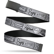 Web Belt Clamp Buckle - Coca-Cola ENJOY REFRESH Can and Bottle Grays/White/Black Webbing Web Belts Coca-Cola