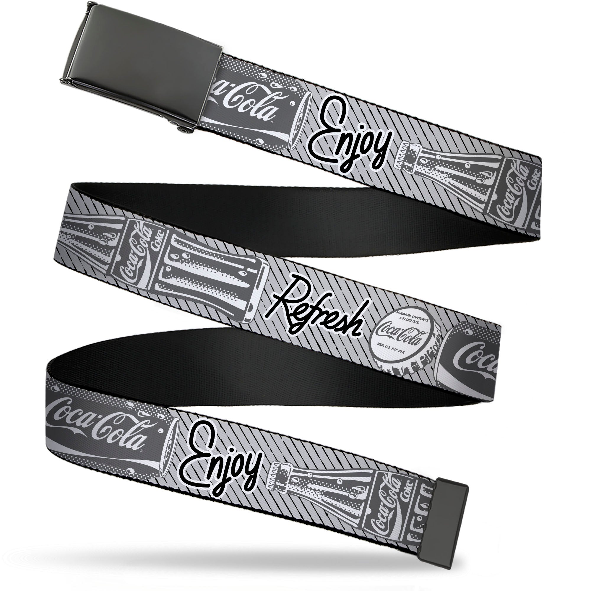 Web Belt Clamp Buckle - Coca-Cola ENJOY REFRESH Can and Bottle Grays/White/Black Webbing Web Belts Coca-Cola