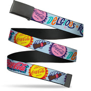 Web Belt Clamp Buckle - COCA-COLA DELICIOUS REFRESHING ENJOY Bottle Caps Light Blue/Multi Color Webbing Web Belts Coca-Cola