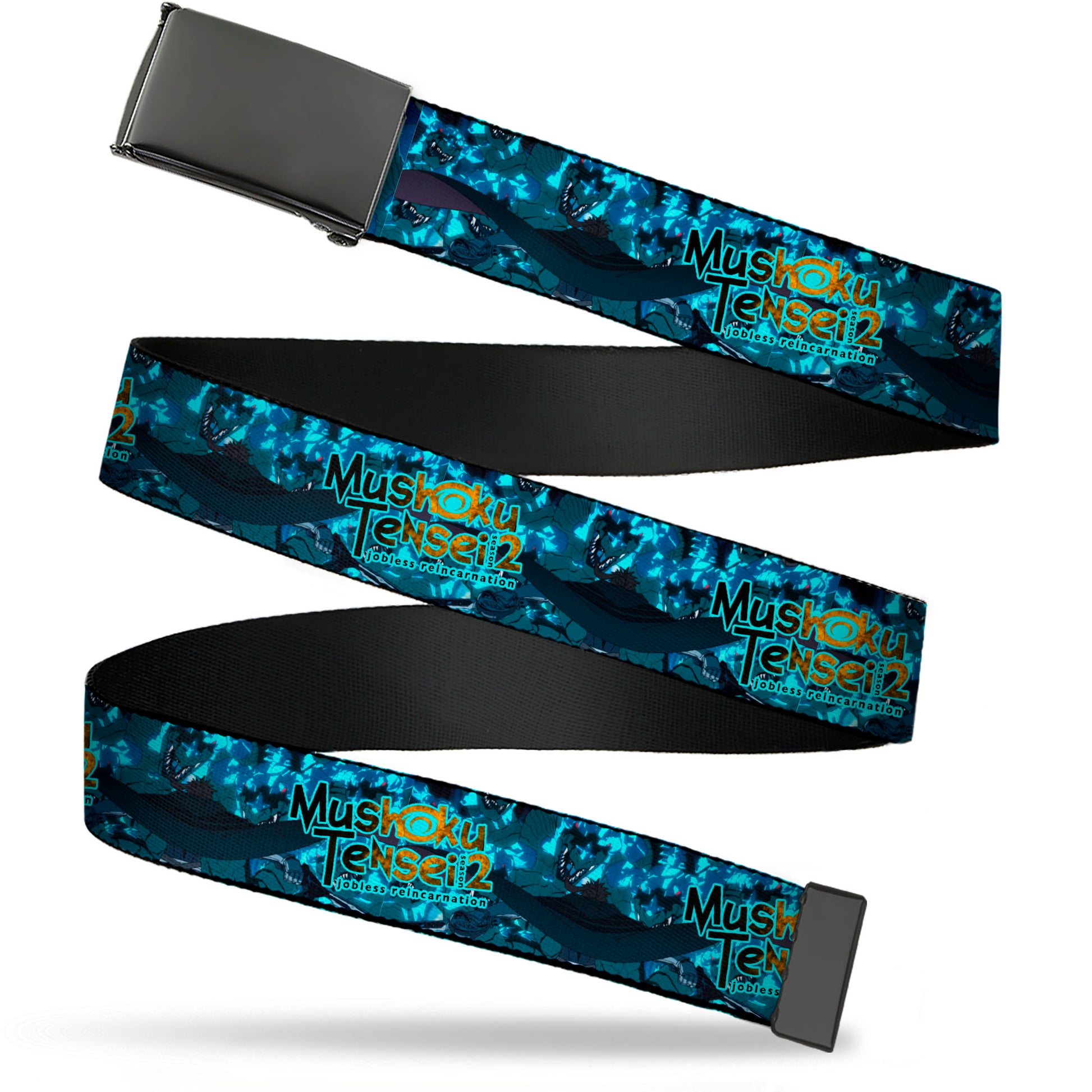 Web Belt Blank Black Buckle - MUSHOKU TENSEI Manatite Hydra Magic Crystal Battle Scene and Title Logo Blues Webbing Web Belts Mushoku Tensei Jobless Reincarnation