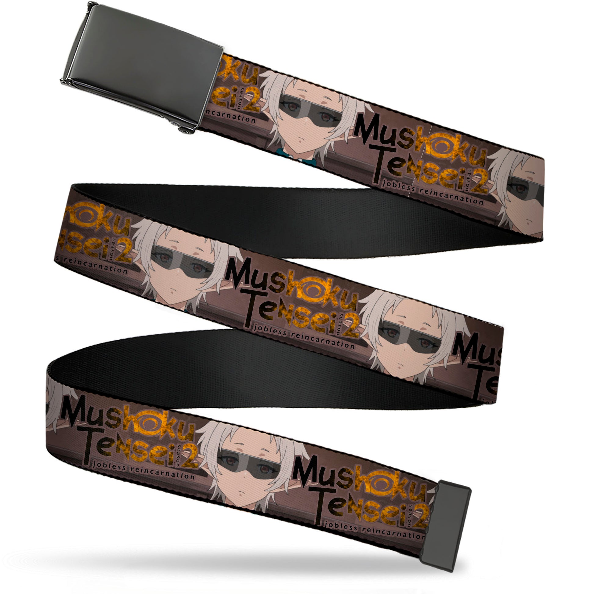 Web Belt Blank Black Buckle - MUSHOKU TENSEI Sylphiette Fitz Guard Pose and Title Logo Browns Webbing Web Belts Mushoku Tensei Jobless Reincarnation