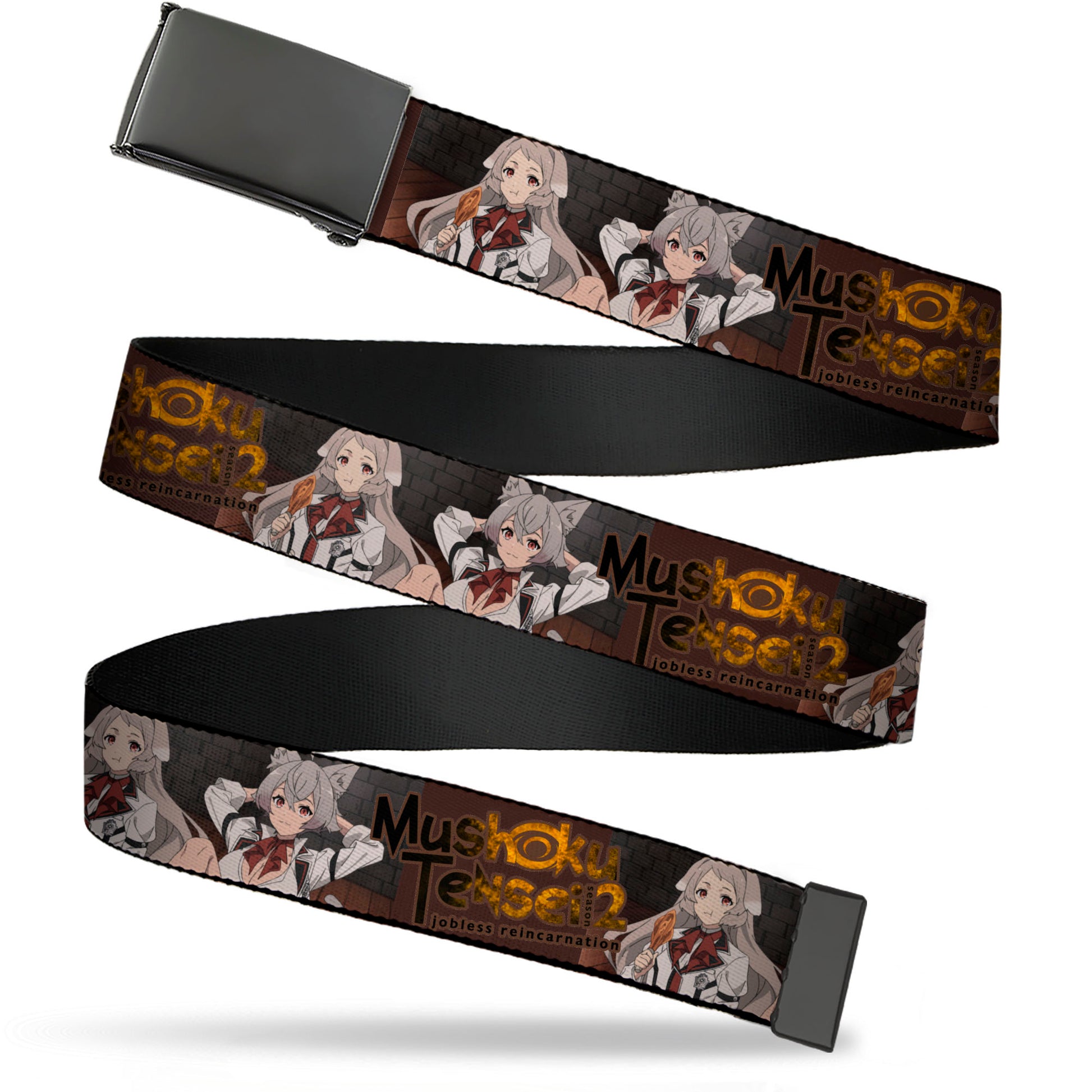 Web Belt Blank Black Buckle - MUSHOKU TENSEI Pursena and Minitona Pose and Title Logo Brown Webbing Web Belts Mushoku Tensei Jobless Reincarnation