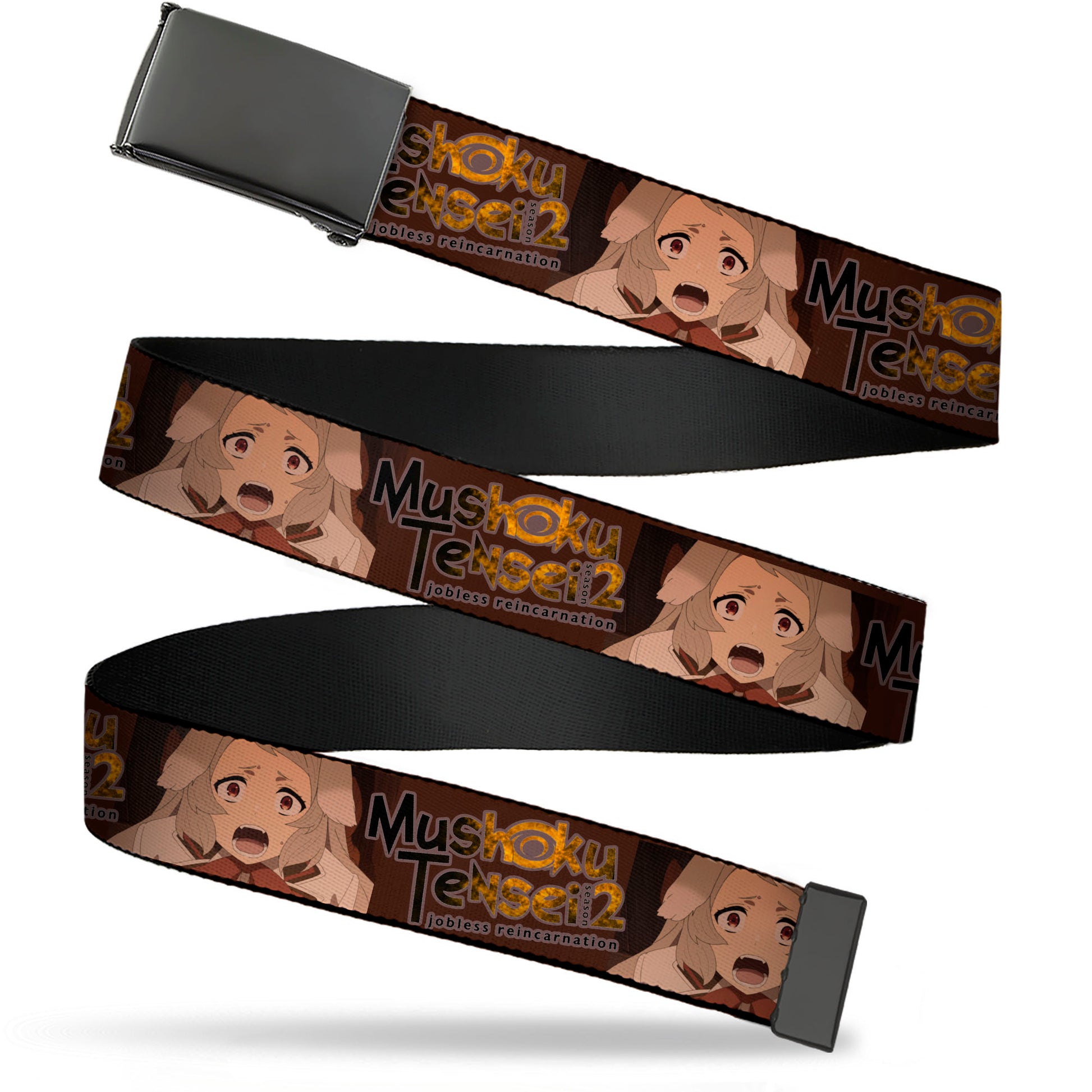 Web Belt Blank Black Buckle - MUSHOKU TENSEI Pursena Adoldia Pose and Title Logo Browns Webbing Web Belts Mushoku Tensei Jobless Reincarnation