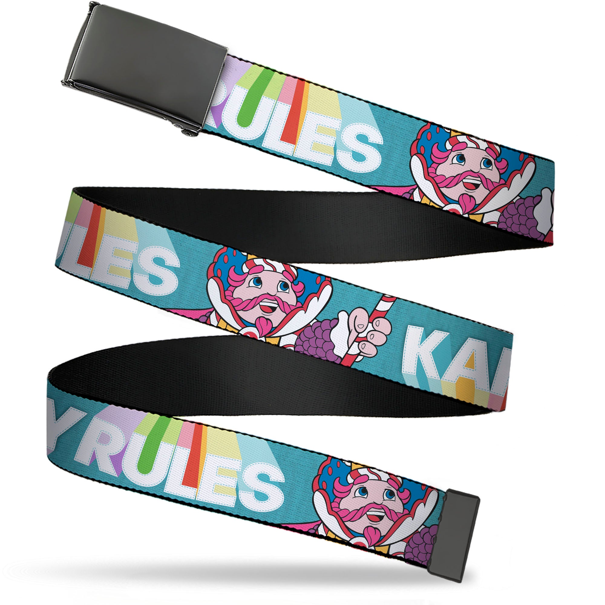 Web Belt Blank Black Buckle - Candy Land KANDY RULES King Kandy Pose Teal/Multi Color Webbing Web Belts Candy Land