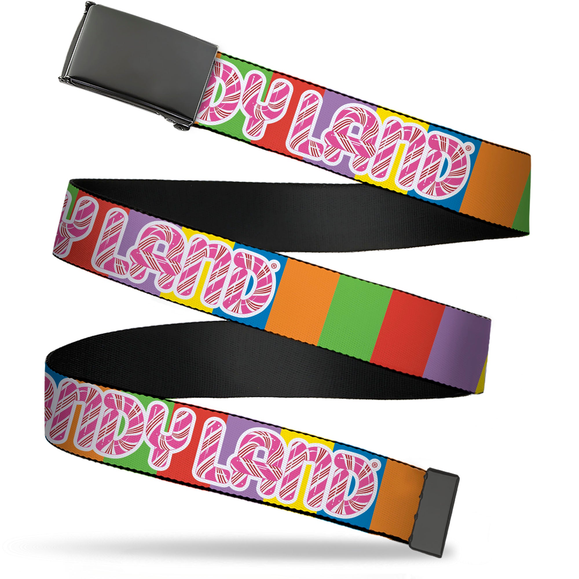 Web Belt Blank Black Buckle - CANDY LAND Game Logo Color Blocks Multi Color Webbing Web Belts Candy Land