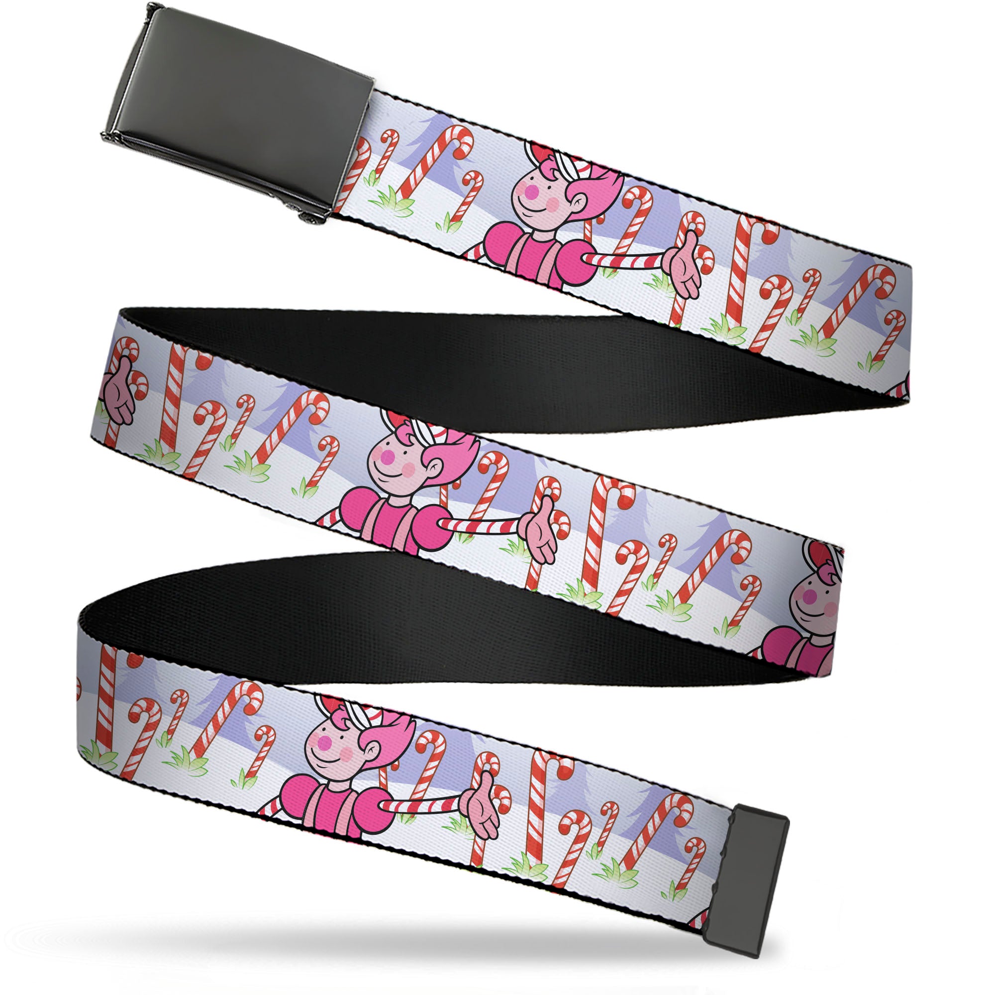 Web Belt Blank Black Buckle - Candy Land Mr. Mint Pose and Candy Canes Multi Color Webbing Web Belts Candy Land