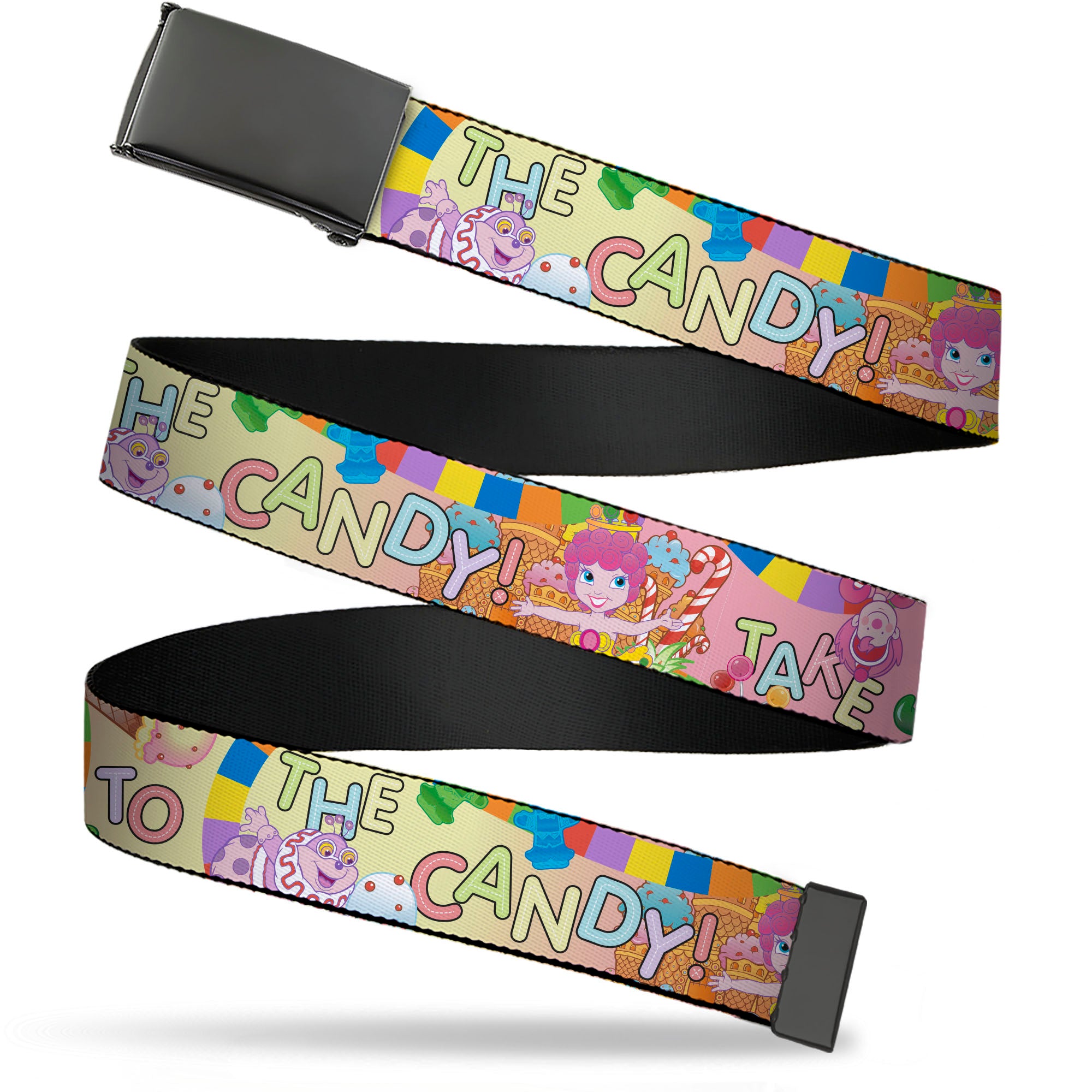 Web Belt Blank Black Buckle - Candy Land TAKE ME TO THE CANDY Character Collage Multi Color Webbing Web Belts Candy Land