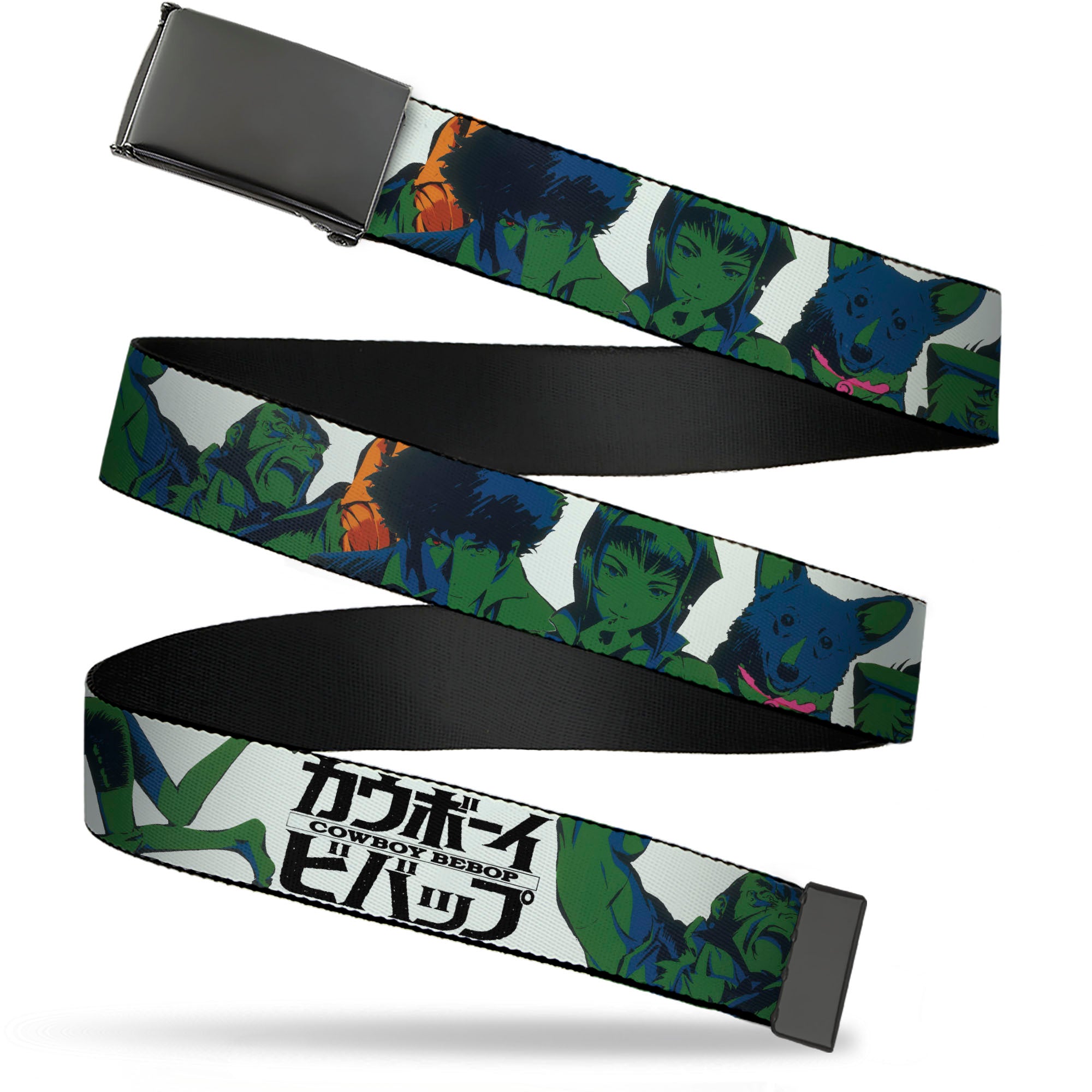 Web Belt Blank Black Buckle - COWBOY BEBOP Crew Group Pose and Title Logo White/Black/Greens Webbing Web Belts Cowboy Bebop