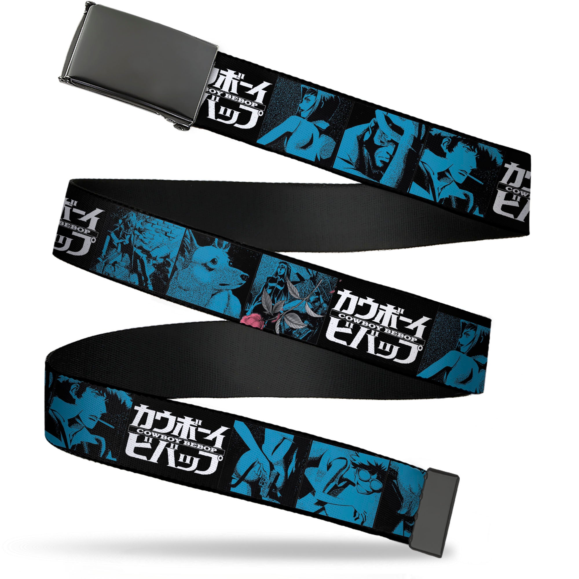 Web Belt Blank Black Buckle - COWBOY BEBOP Title Logo and Character Blocks Black/Blues Webbing Web Belts Cowboy Bebop