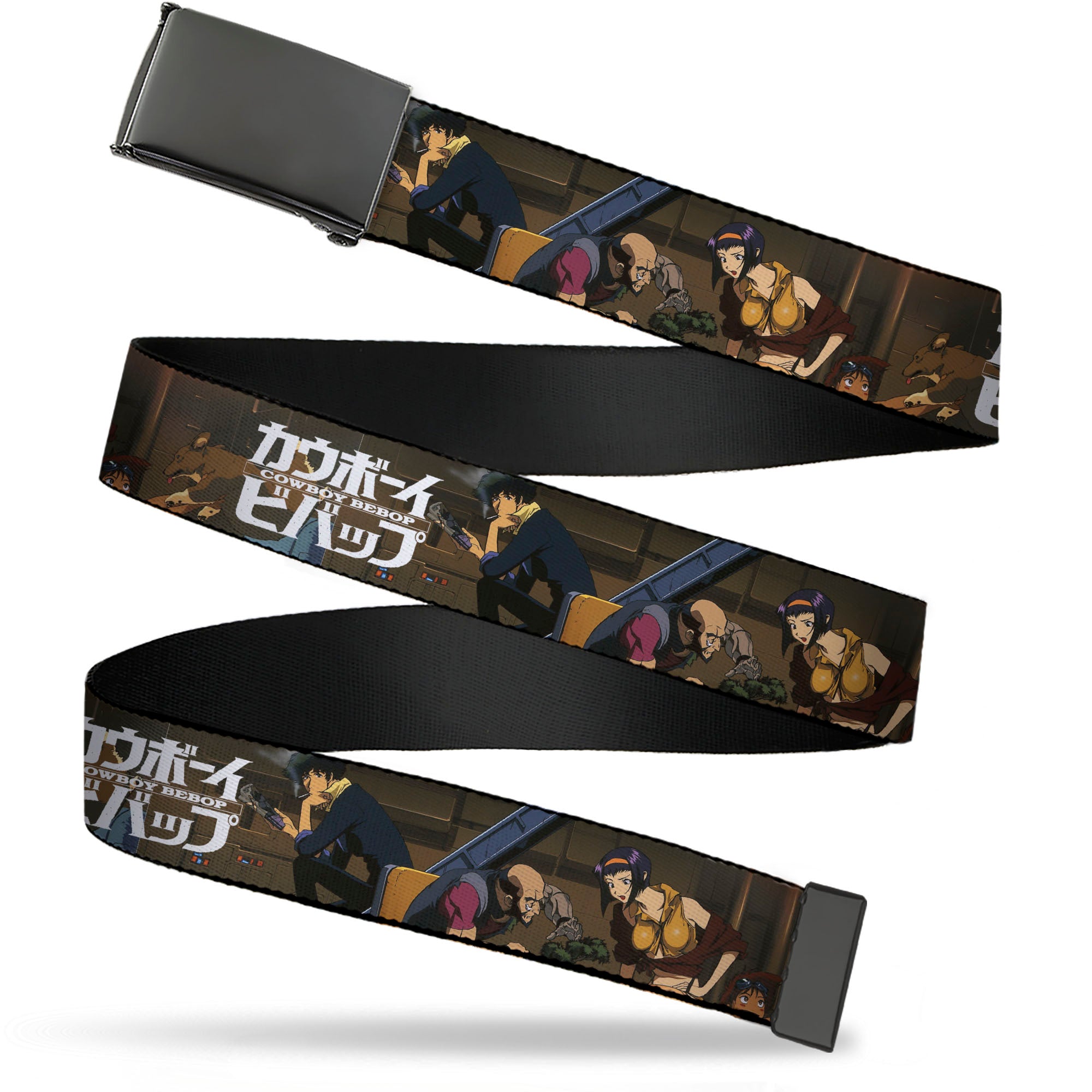 Web Belt Blank Black Buckle - COWBOY BEBOP Jet Black and Crew Bonsai Tree Scene and Title Logo Webbing Web Belts Cowboy Bebop