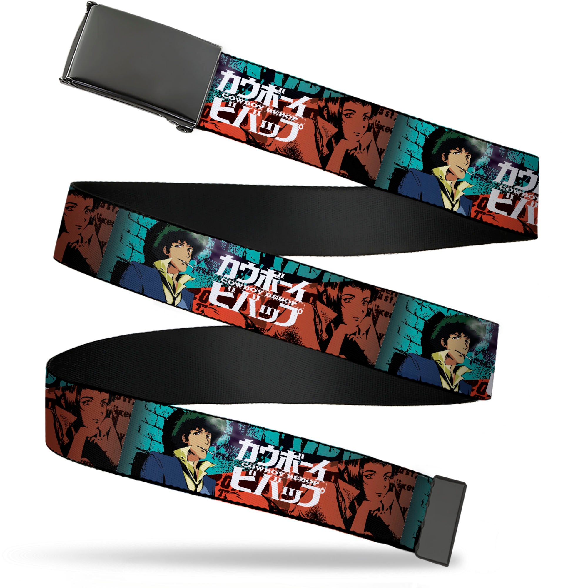 Web Belt Blank Black Buckle - COWBOY BEBOP Spike and Faye Brick Pose and Title Logo Blues/Reds Webbing Web Belts Cowboy Bebop