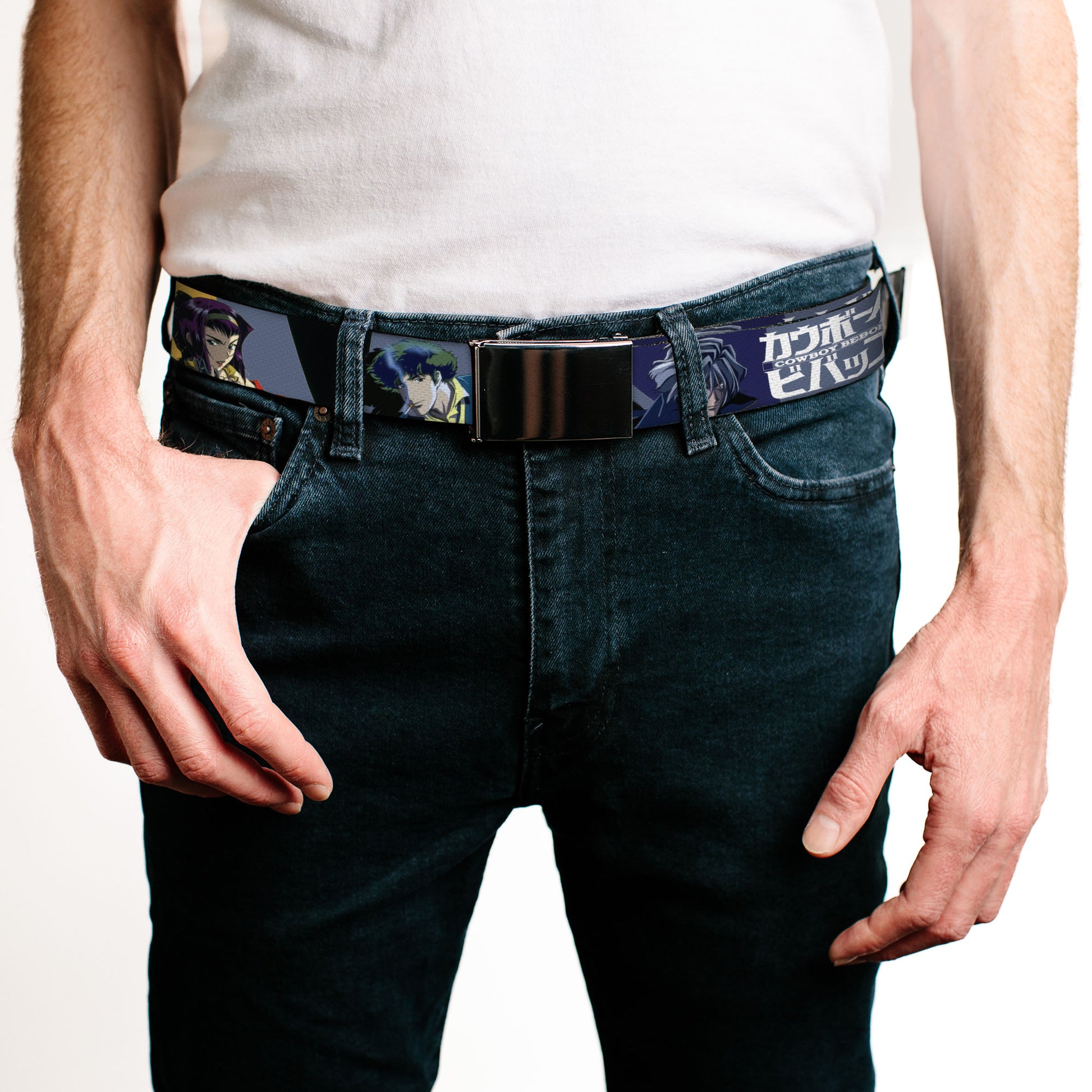 Web Belt Blank Black Buckle - COWBOY BEBOP Spike Vicious and Faye Pose and Title Logo Blues/Yellow Webbing Web Belts Cowboy Bebop
