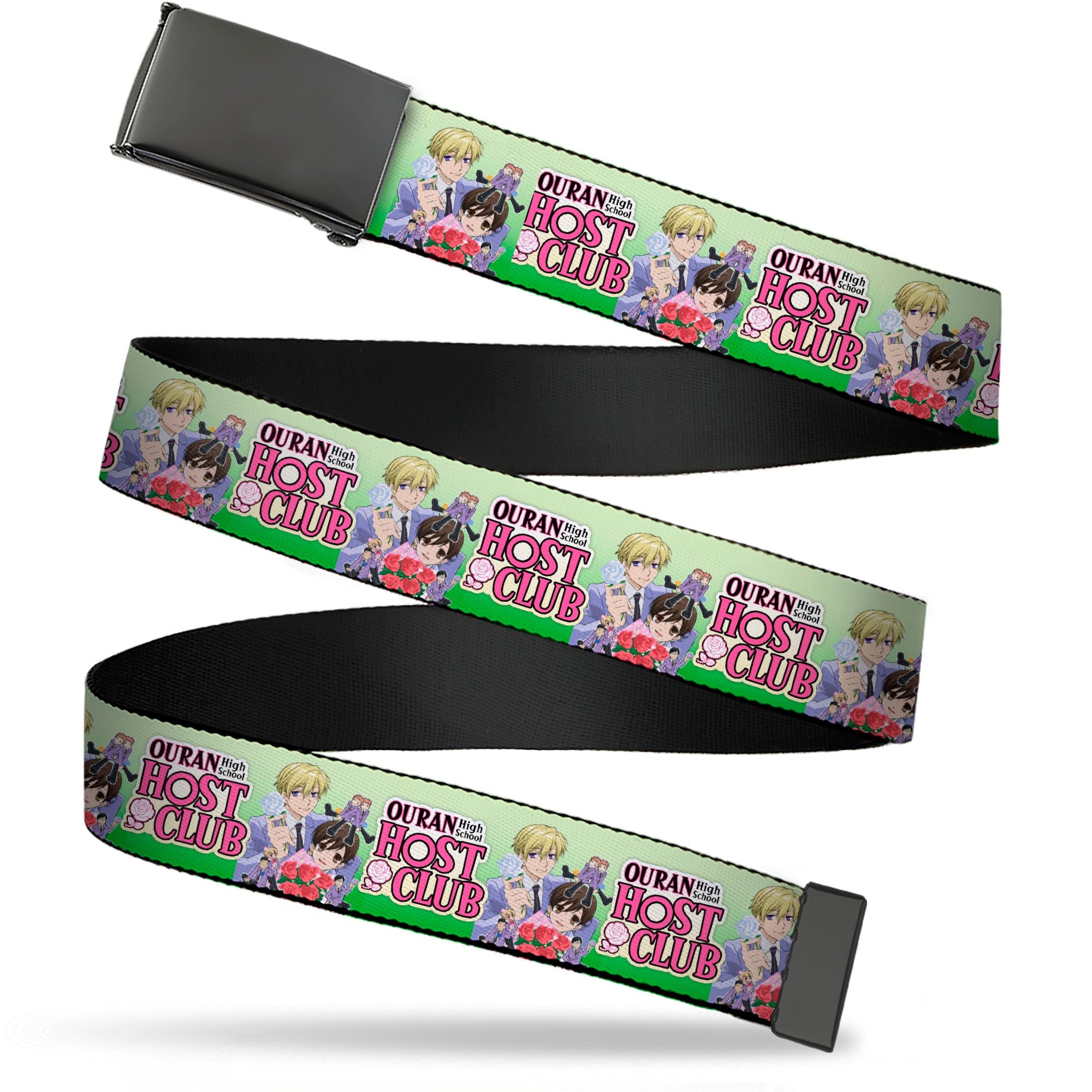 Web Belt Blank Black Buckle - OURAN HIGH SCHOOL HOST CLUB Haruhi and Friends Group Pose and Title Logo Greens Webbing Web Belts Ouran High School Host Club
