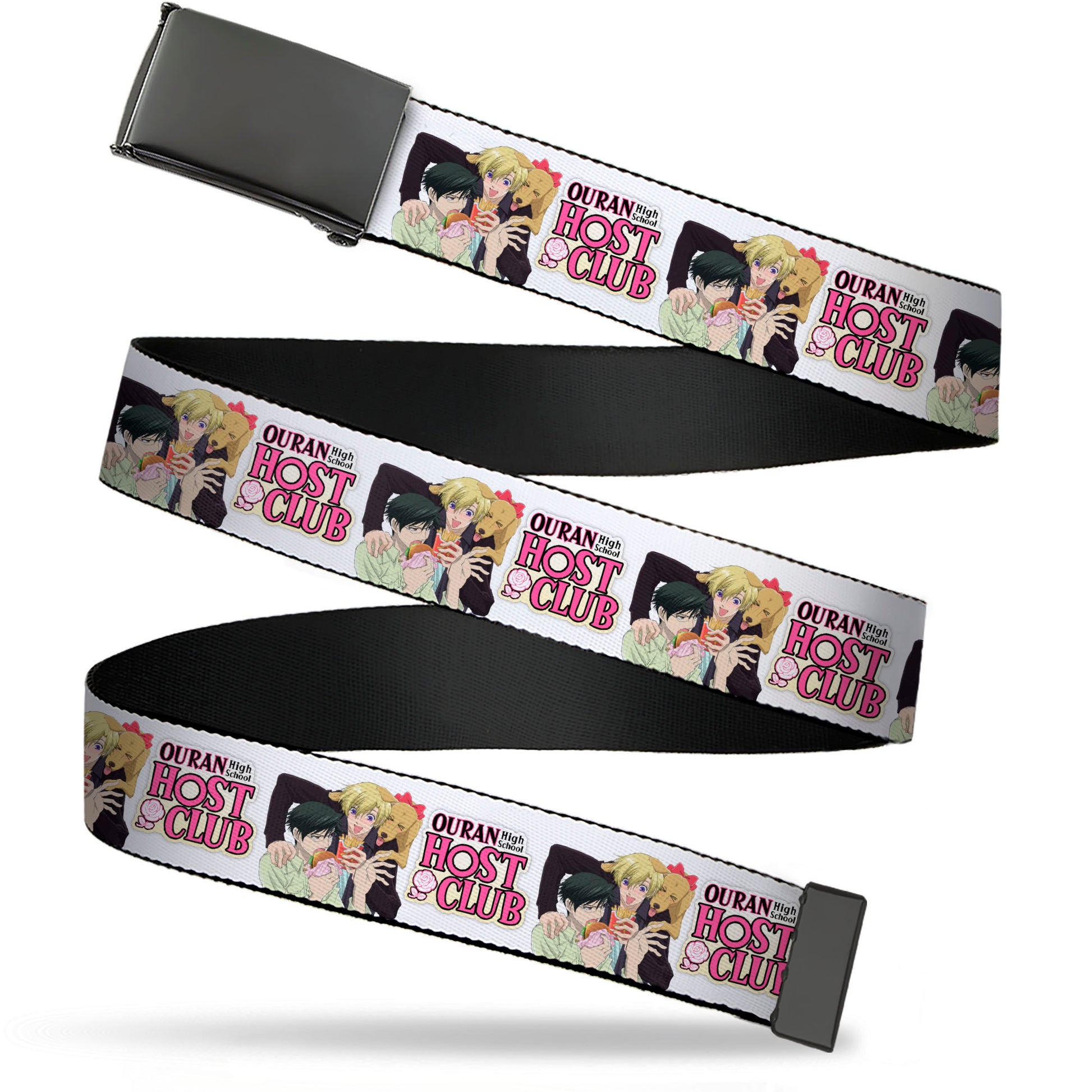 Web Belt Blank Black Buckle - OURAN HIGH SCHOOL HOST CLUB Kyoya Haruhi and Antoinette Pose and Title Logo White Webbing Web Belts Ouran High School Host Club
