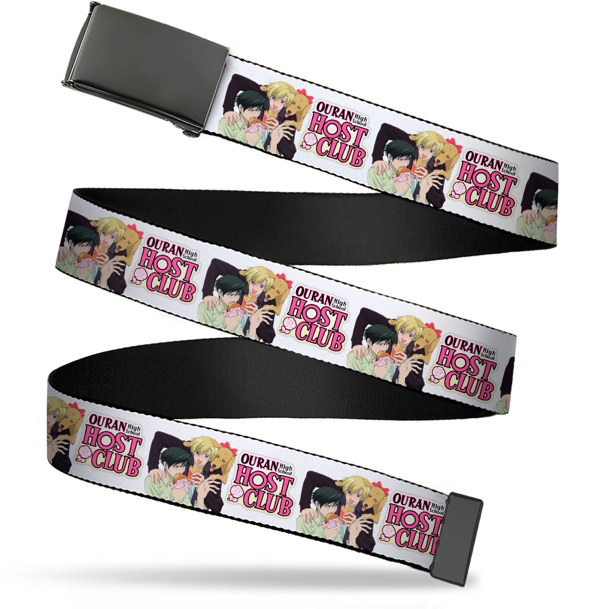 Web Belt Blank Black Buckle - OURAN HIGH SCHOOL HOST CLUB Kyoya Haruhi and Antoinette Pose and Title Logo White Webbing Web Belts Ouran High School Host Club
