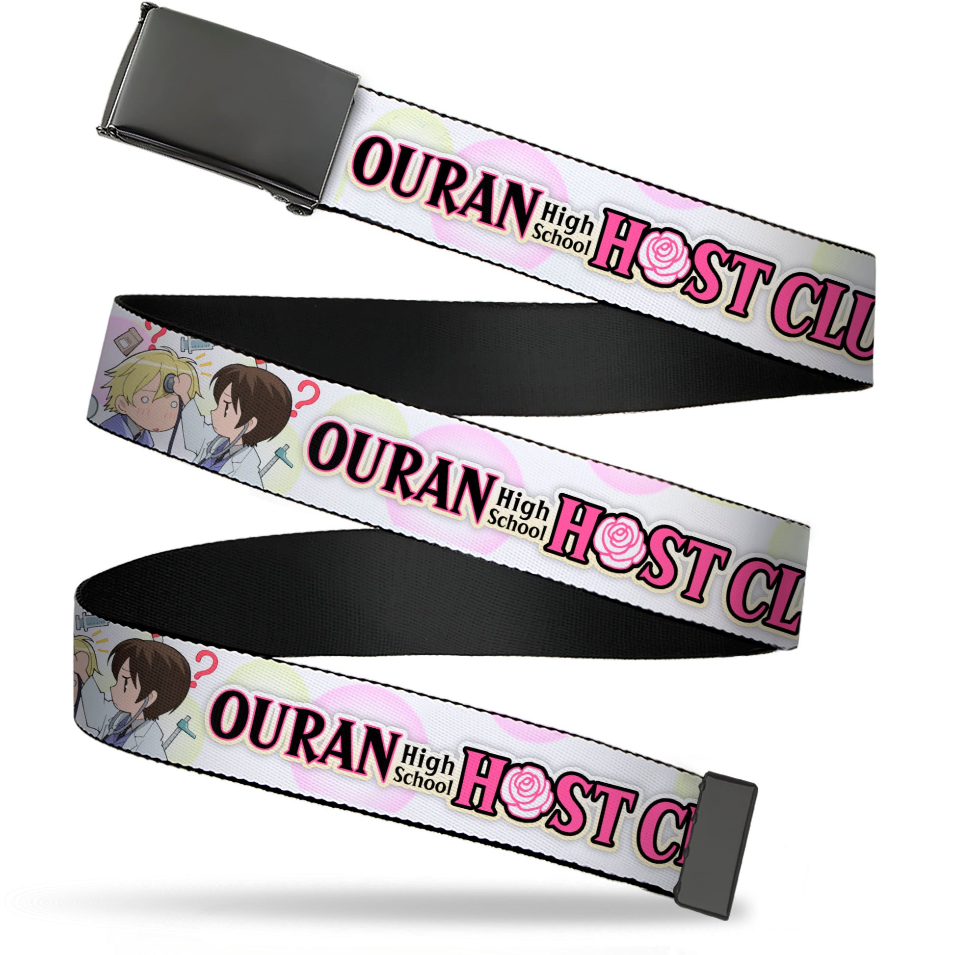 Web Belt Blank Black Buckle - OURAN HIGH SCHOOL Chibi Tamaki and Haruhi Pose and Title Logo White Webbing Web Belts Ouran High School Host Club