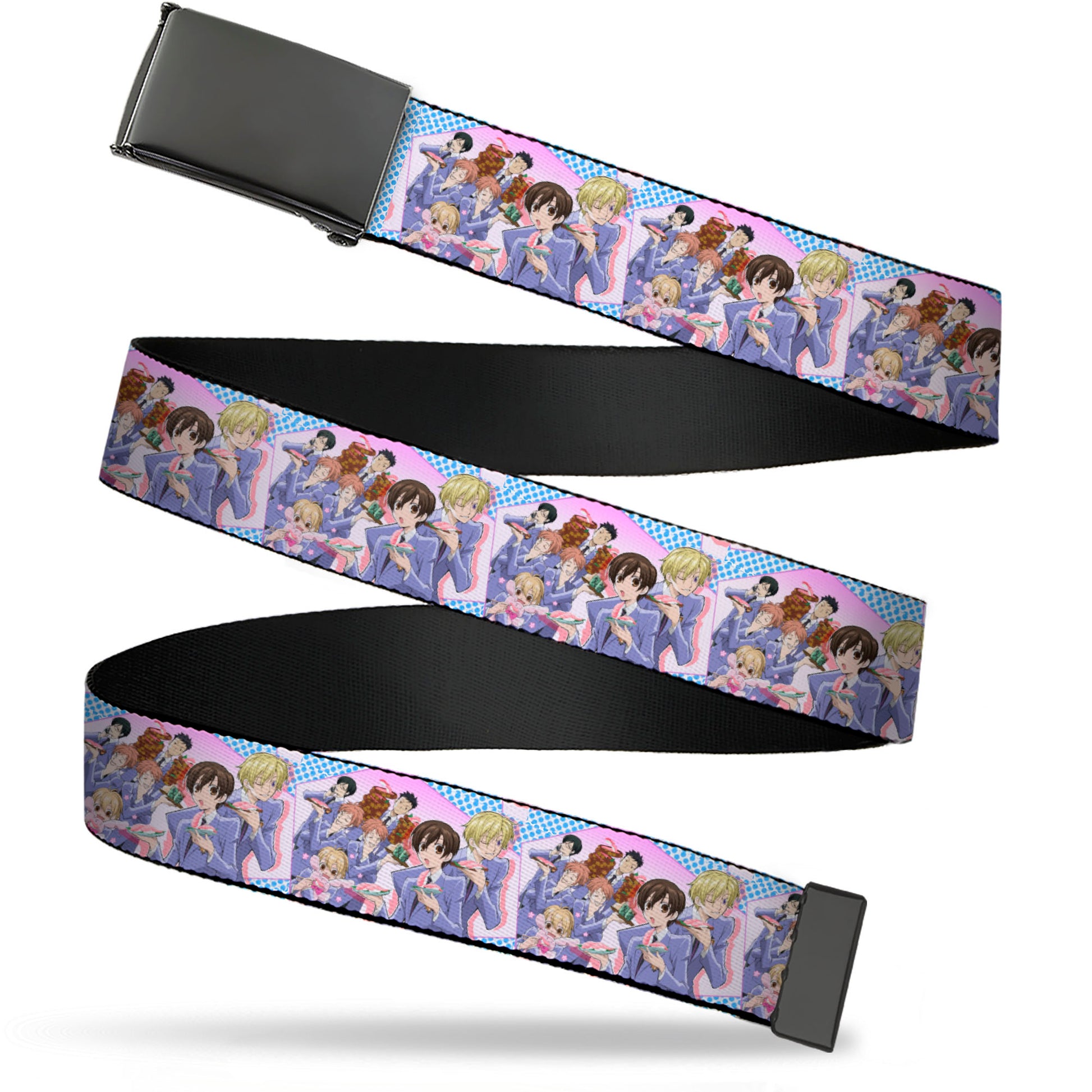 Web Belt Blank Black Buckle - Ouran High School Host Club Seven Character Sushi Dining Pose Pink/Blue Webbing Web Belts Ouran High School Host Club
